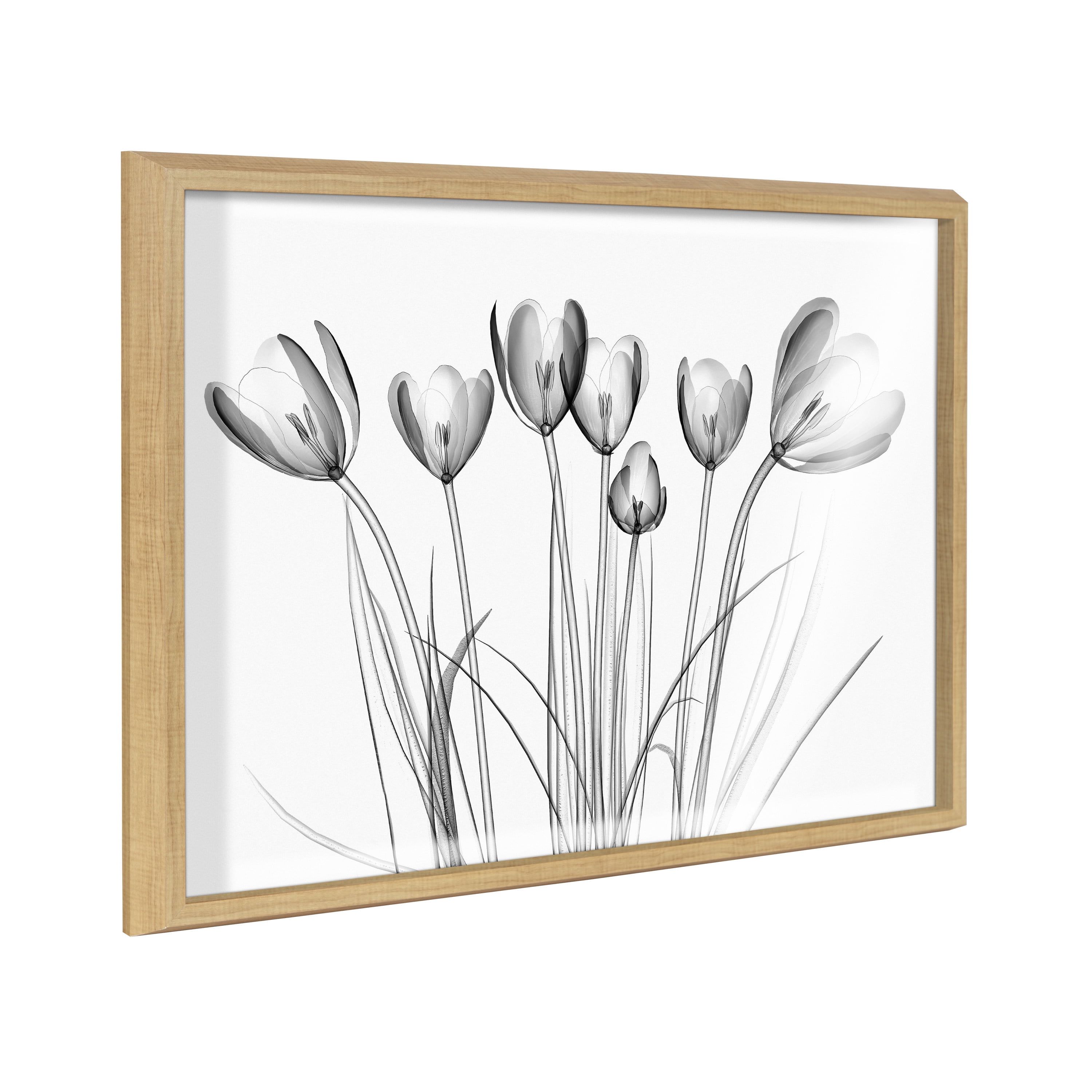 Natural Framed Black and White Floral Glass Wall Art, 18x24