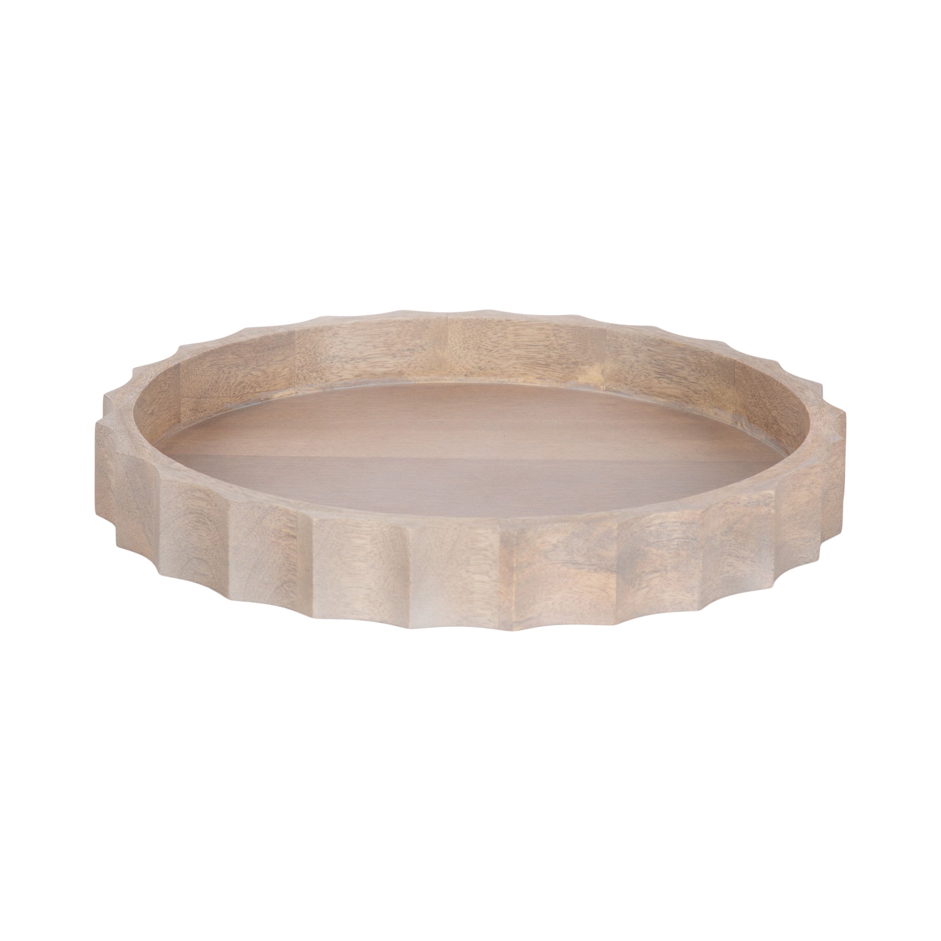 Natural Mango Wood Round Tray with Wavy Design, 15 Inch