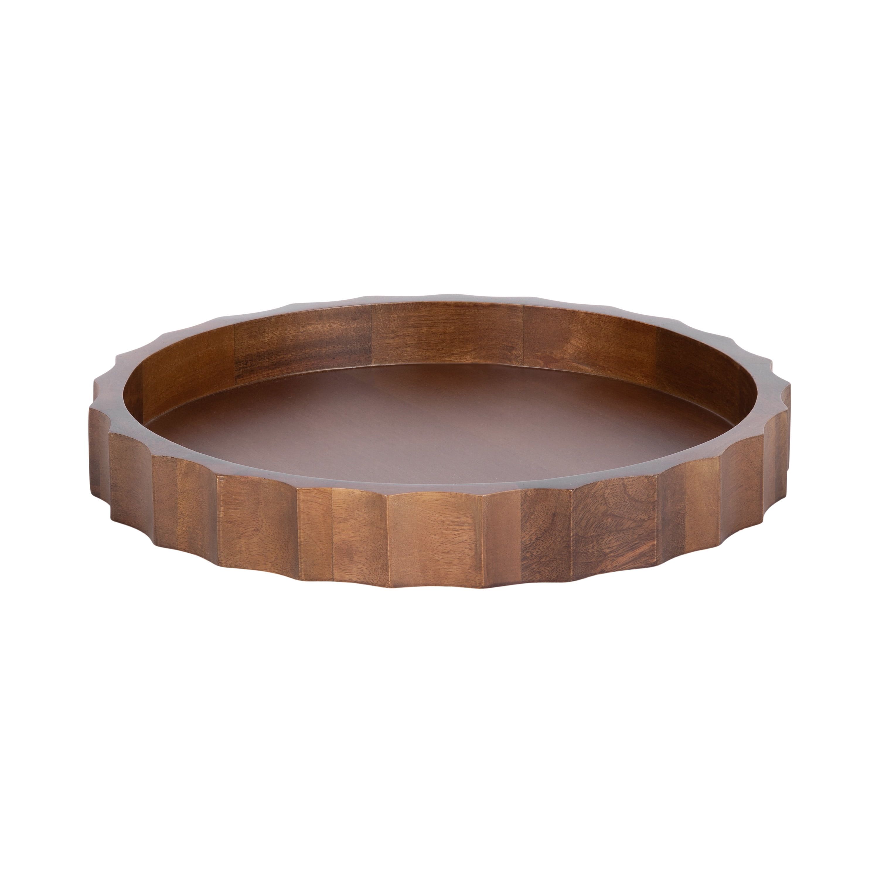 Walnut Brown 15" Round Mango Wood Tray with Wavy Design