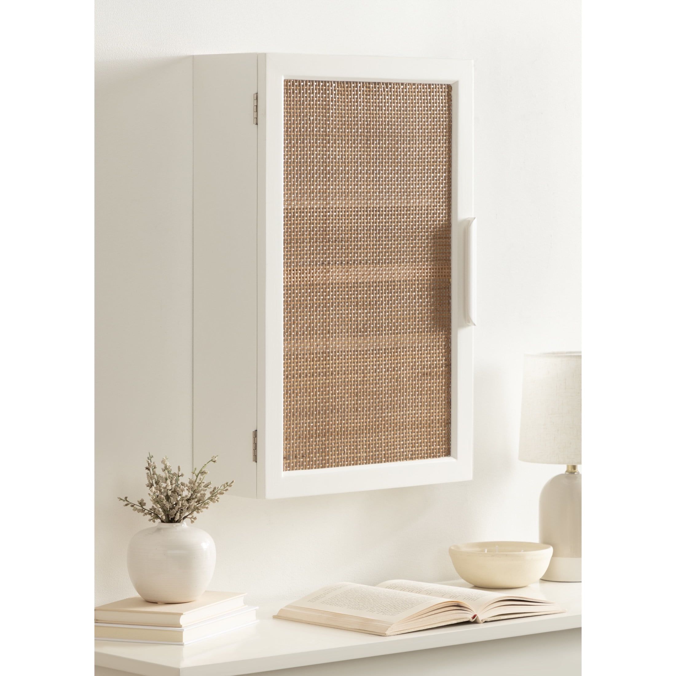 White and Natural Rattan Wall Cabinet with Three Shelves
