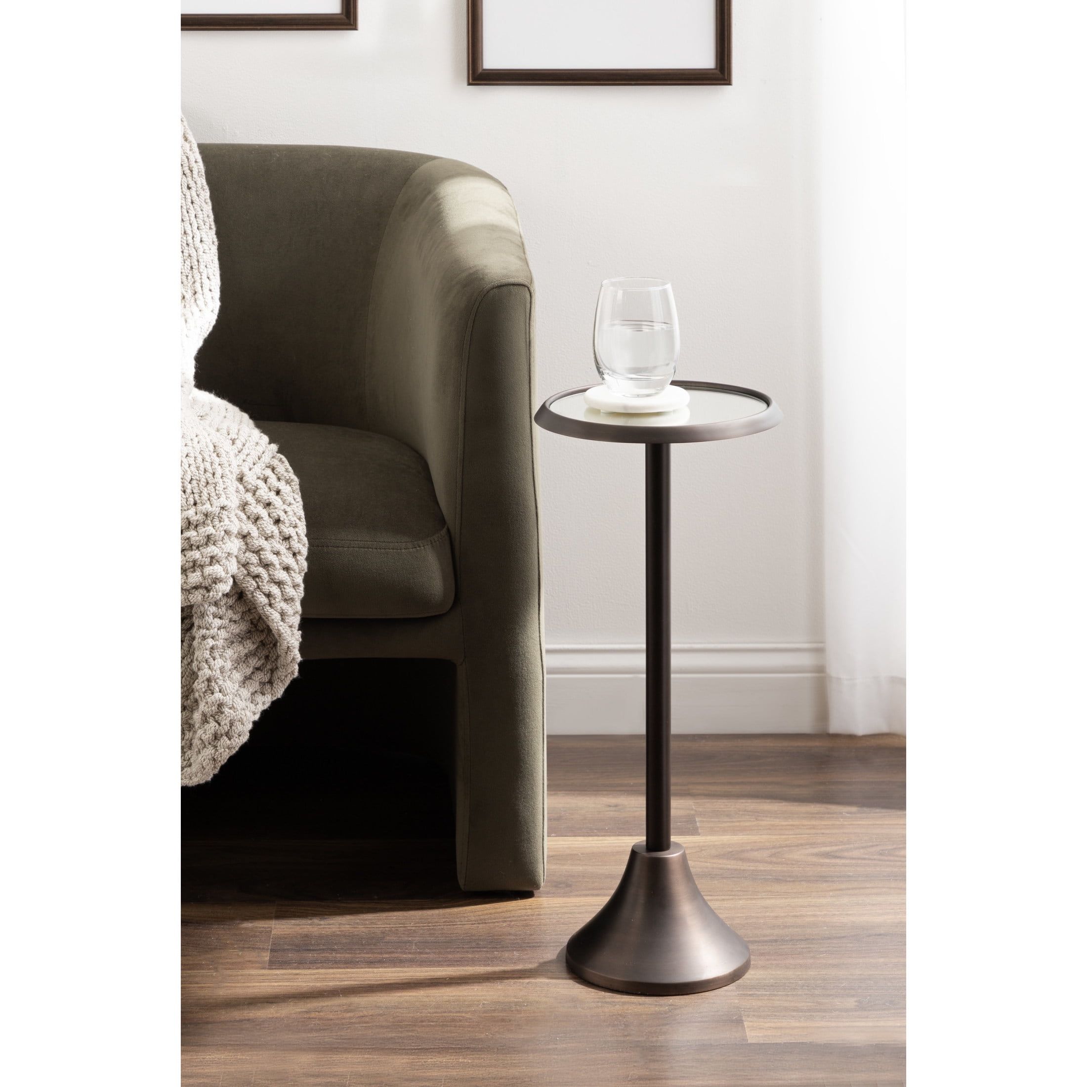 Antique Bronze Round Metal Pedestal Drink Table with Mirrored Top