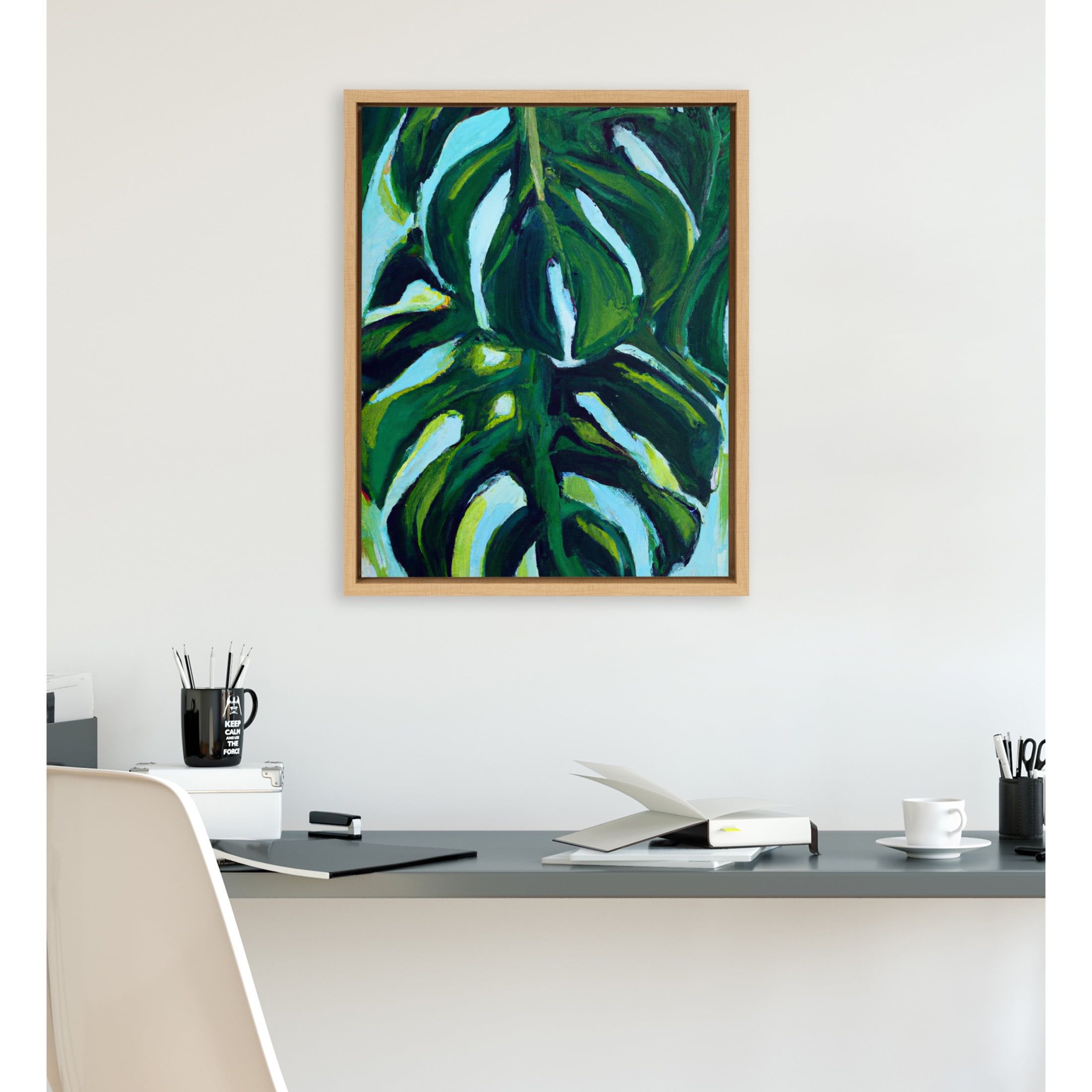Natural Wooden Frame Green Leaf Canvas Painting for Kids, 16x20