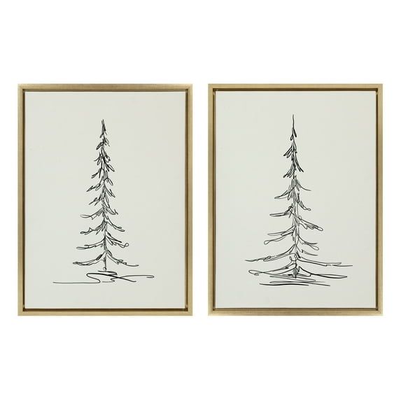 Minimalist Evergreen Tree Sketch Gold Framed Canvas Art Set
