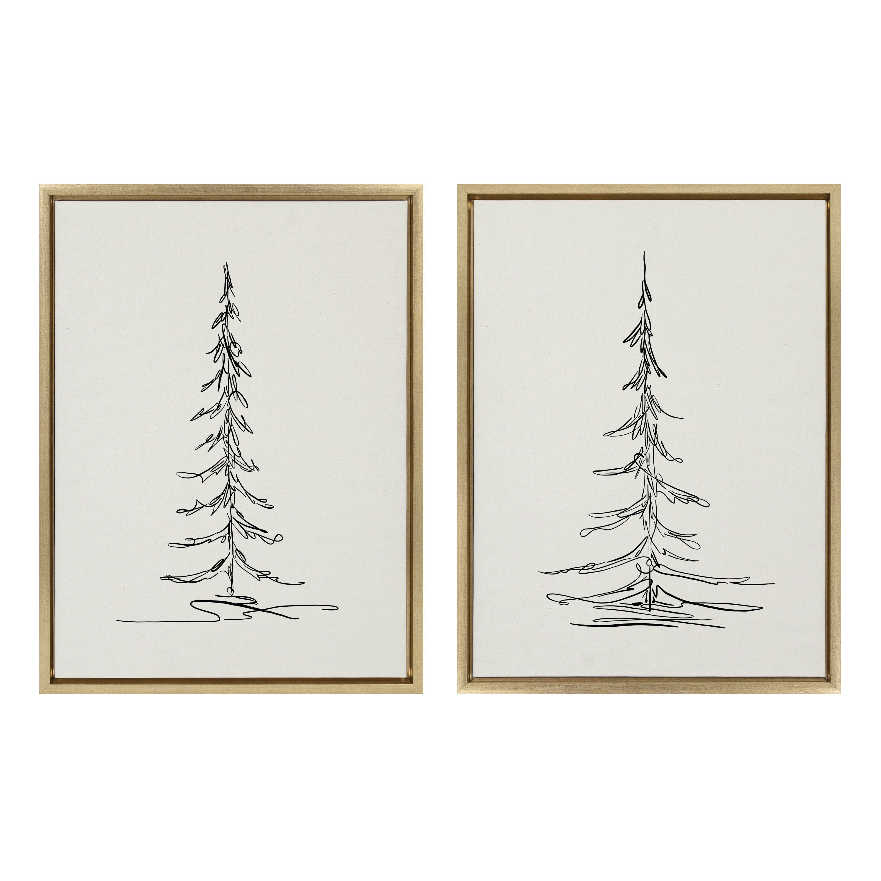 Minimalist Evergreen Tree Sketch Gold Framed Canvas Art Set