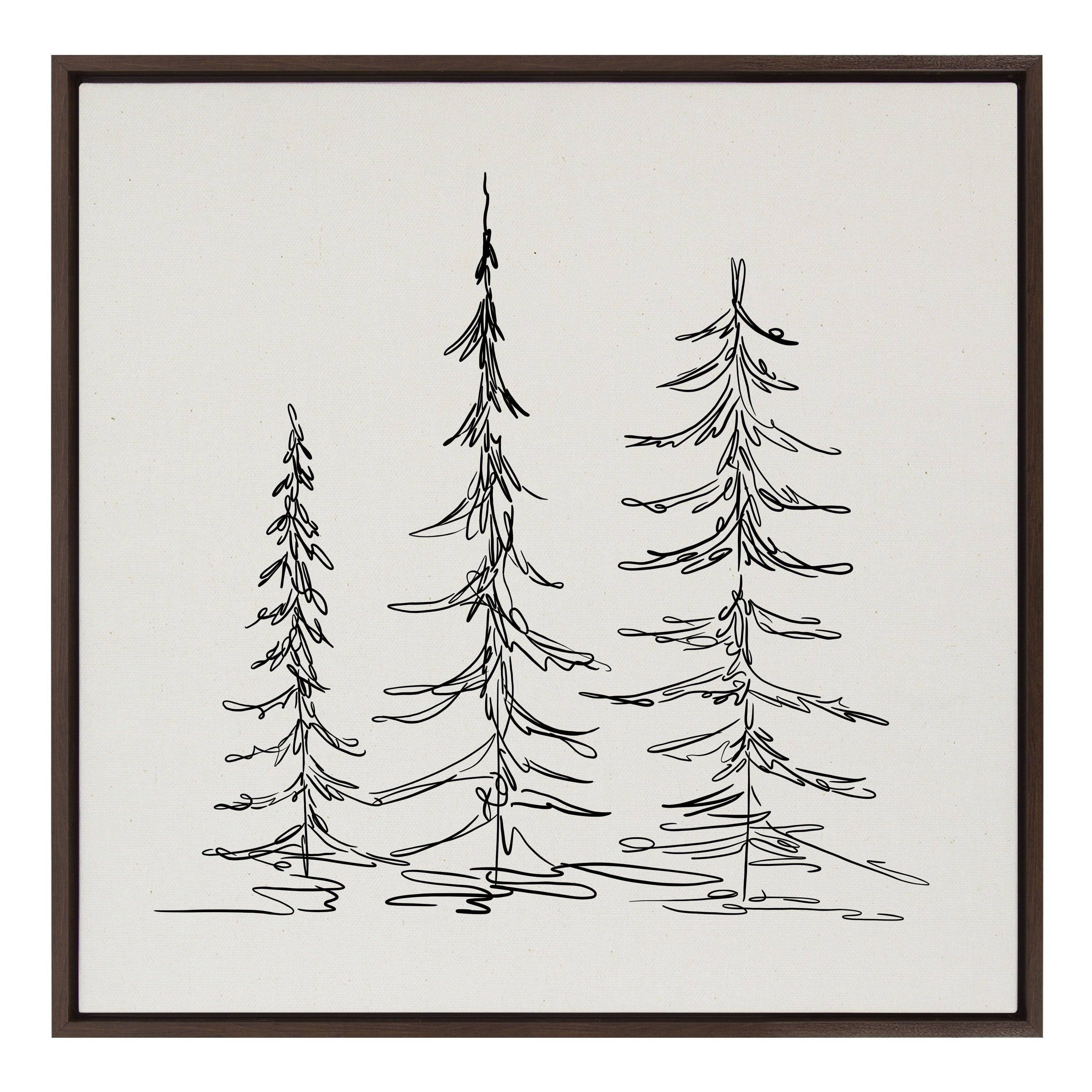 Minimalist Evergreen Trees Sketch Canvas Wall Art, 30x30, Brown Frame