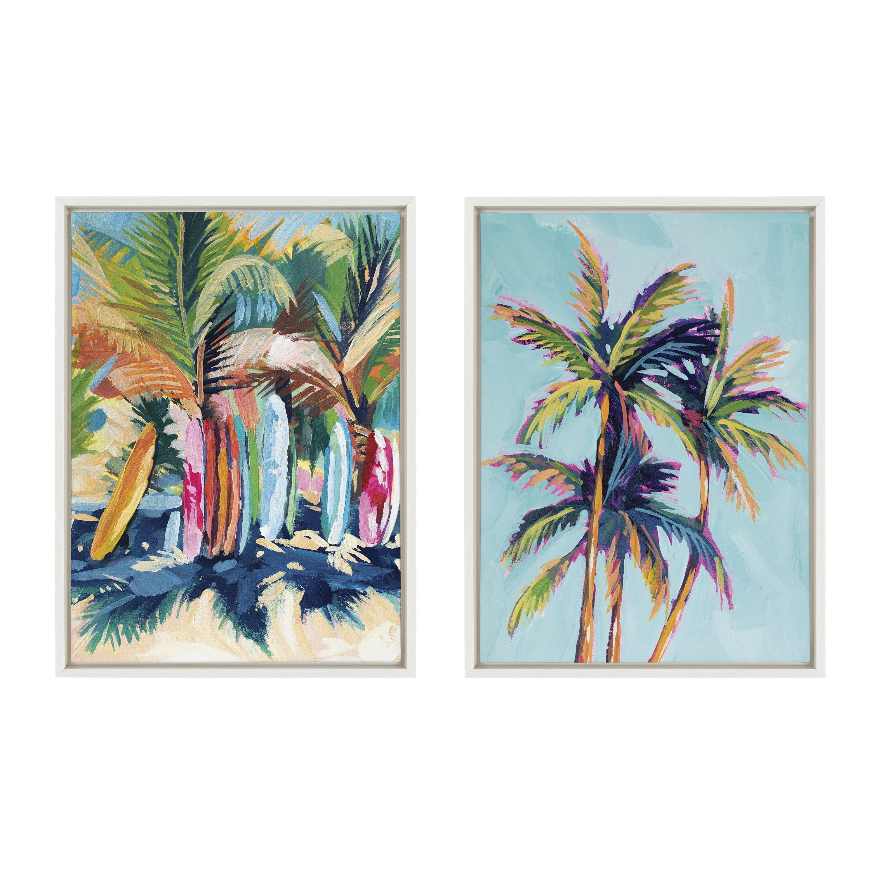 Tropical Palm Trees and Surfboards Framed Canvas Art Set