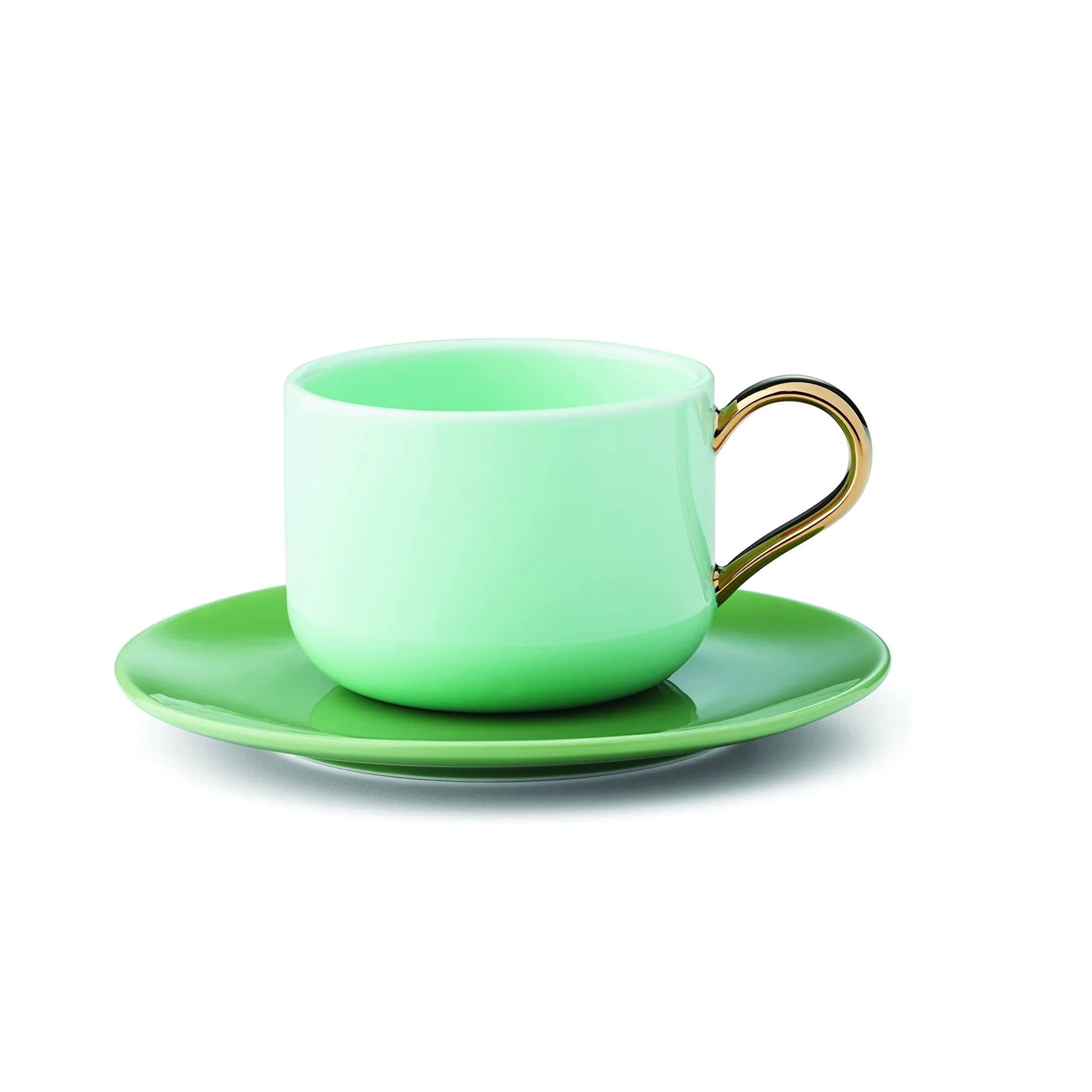 Green Porcelain Cup and Saucer Set with Gold Handle