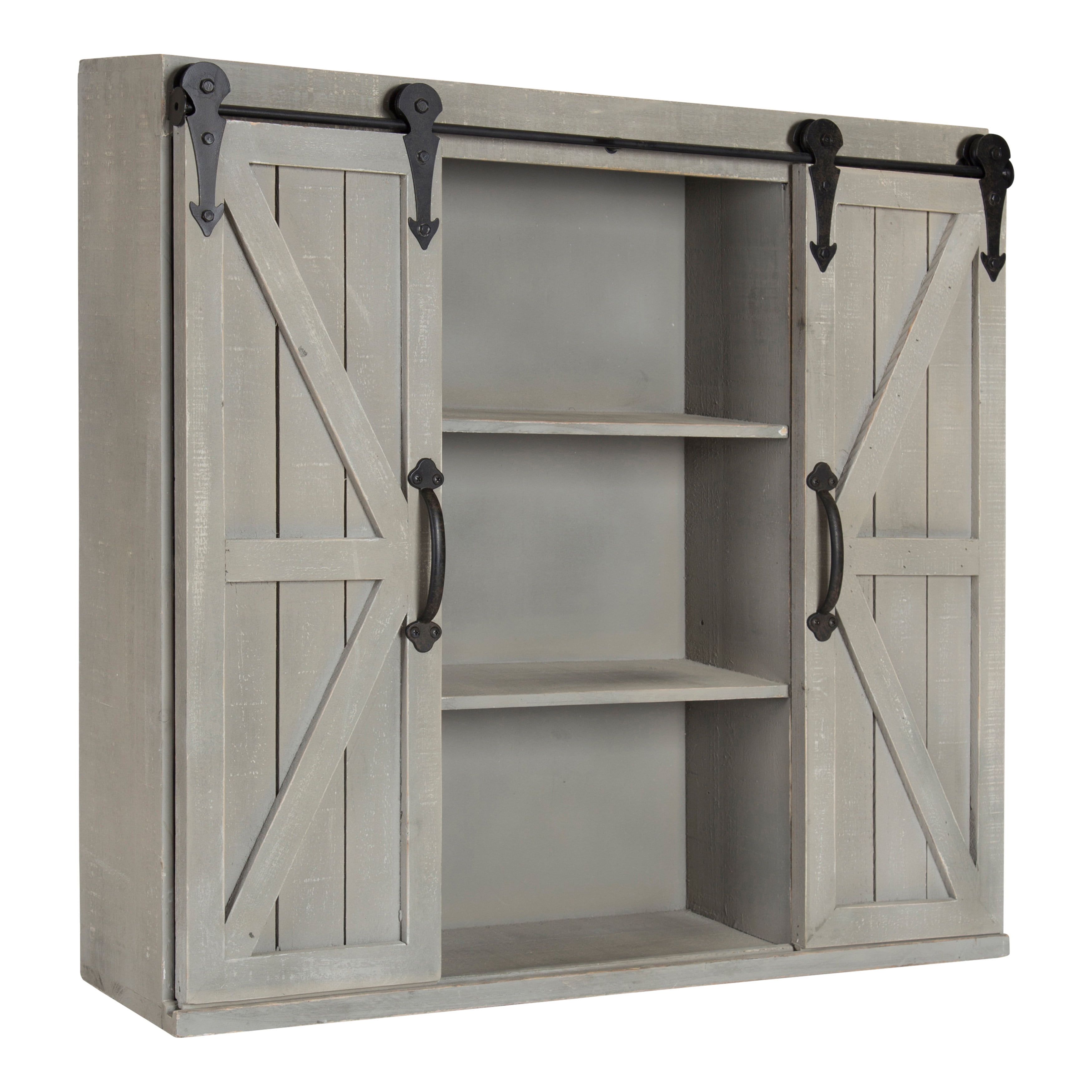 Rustic Gray Wood Wall Storage Cabinet with Sliding Barn Doors