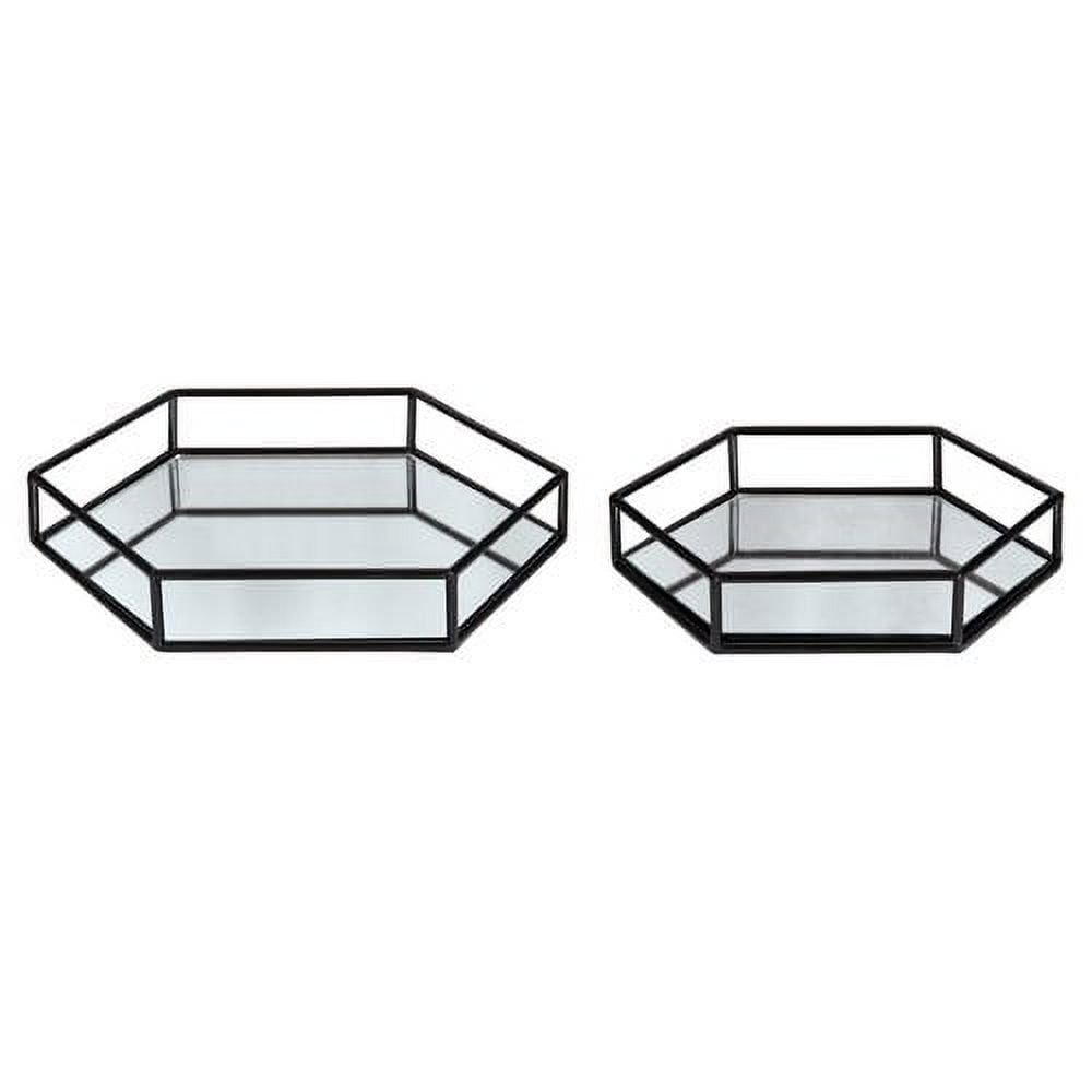 Black Hexagonal Metal and Mirrored Glass Decorative Trays, Set of 2