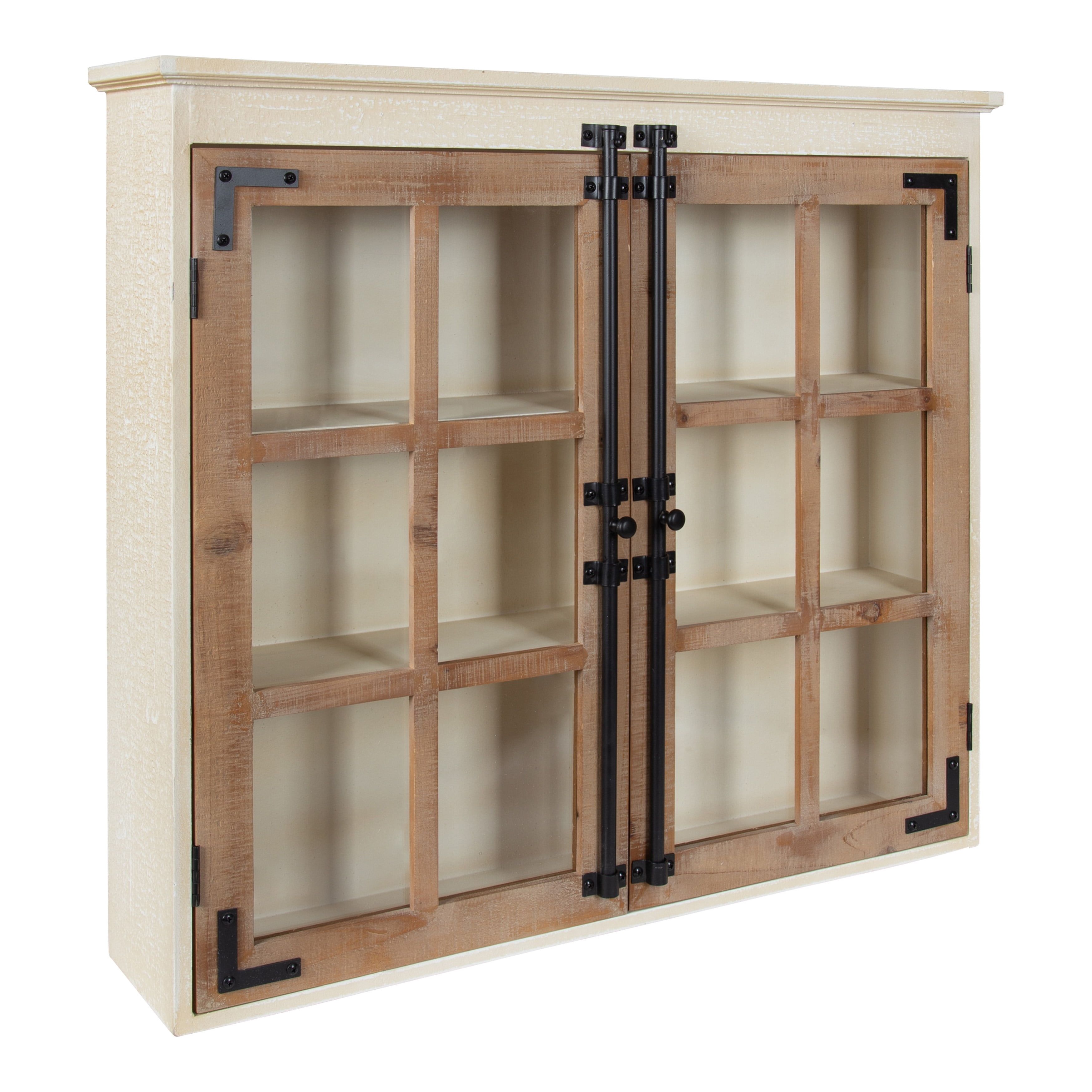 White and Brown Farmhouse Wood Wall Cabinet with Glass Doors