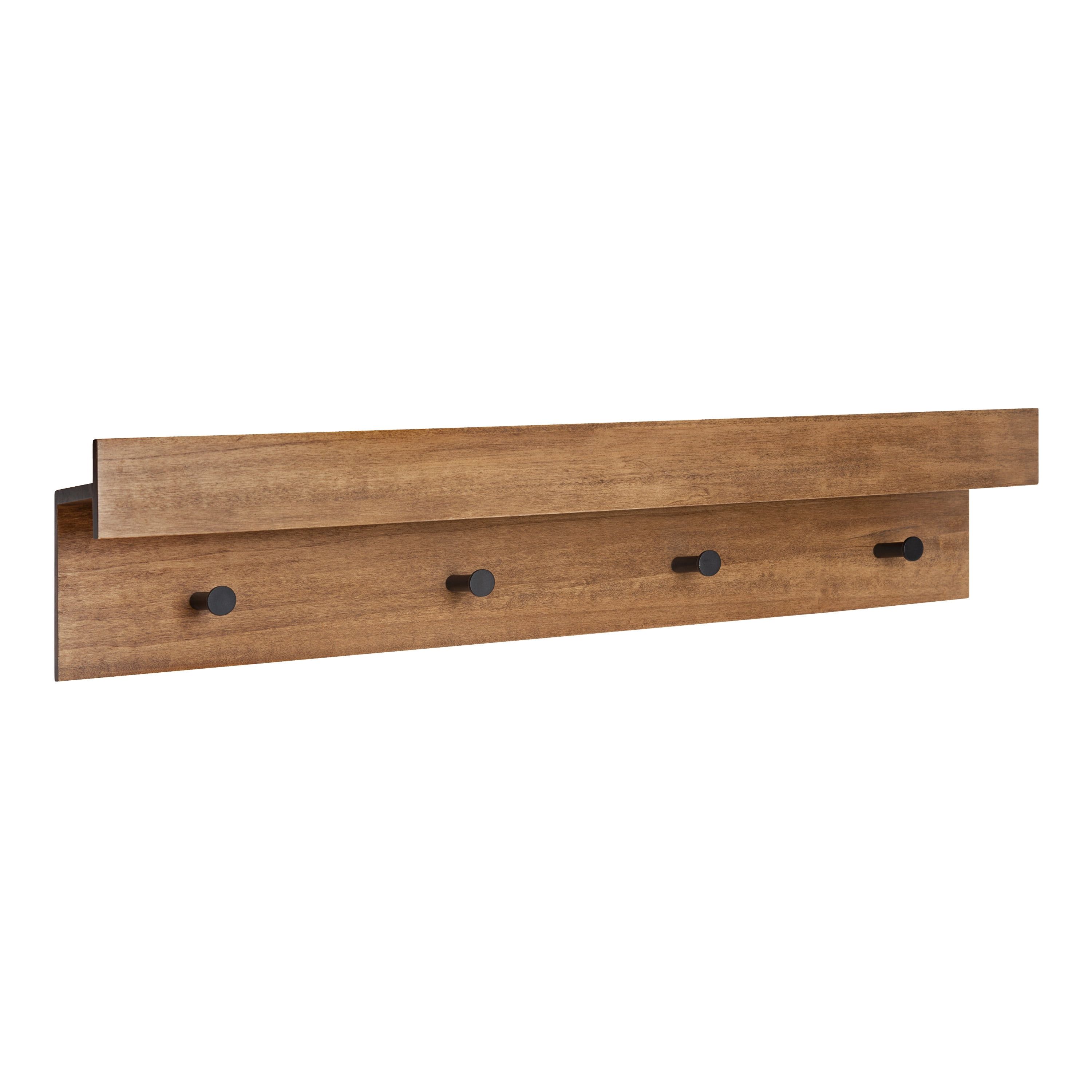 Natural Wood Wall Shelf with 4 Black Knobs