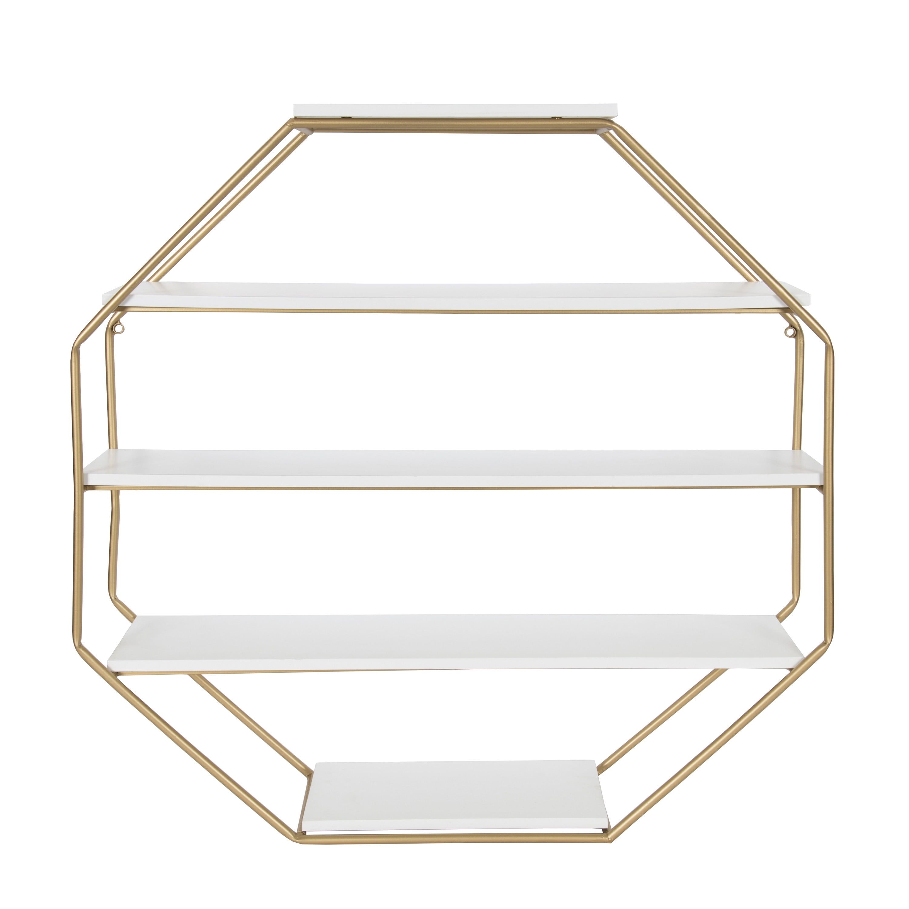 White and Gold Octagon Floating Wall Shelves with Metal Frame