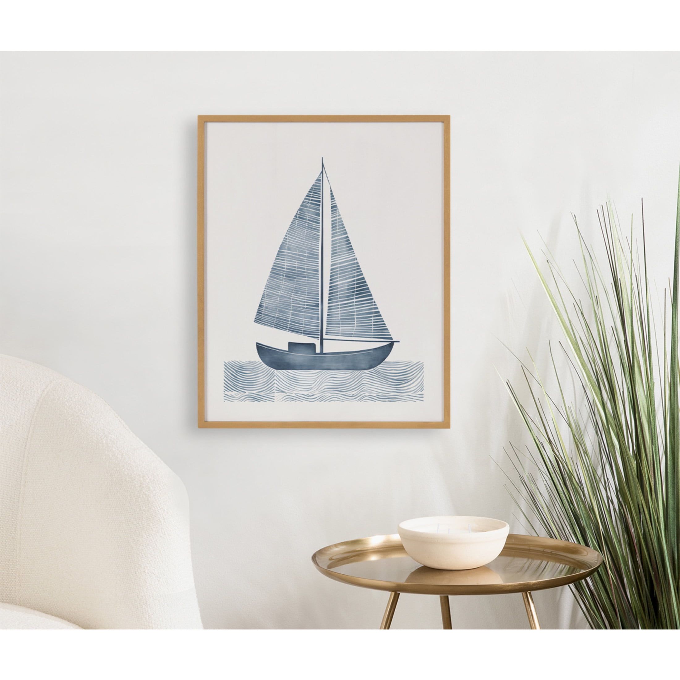 Nautical Blue Sailboat Framed Wall Art with Gold Frame, 16x20