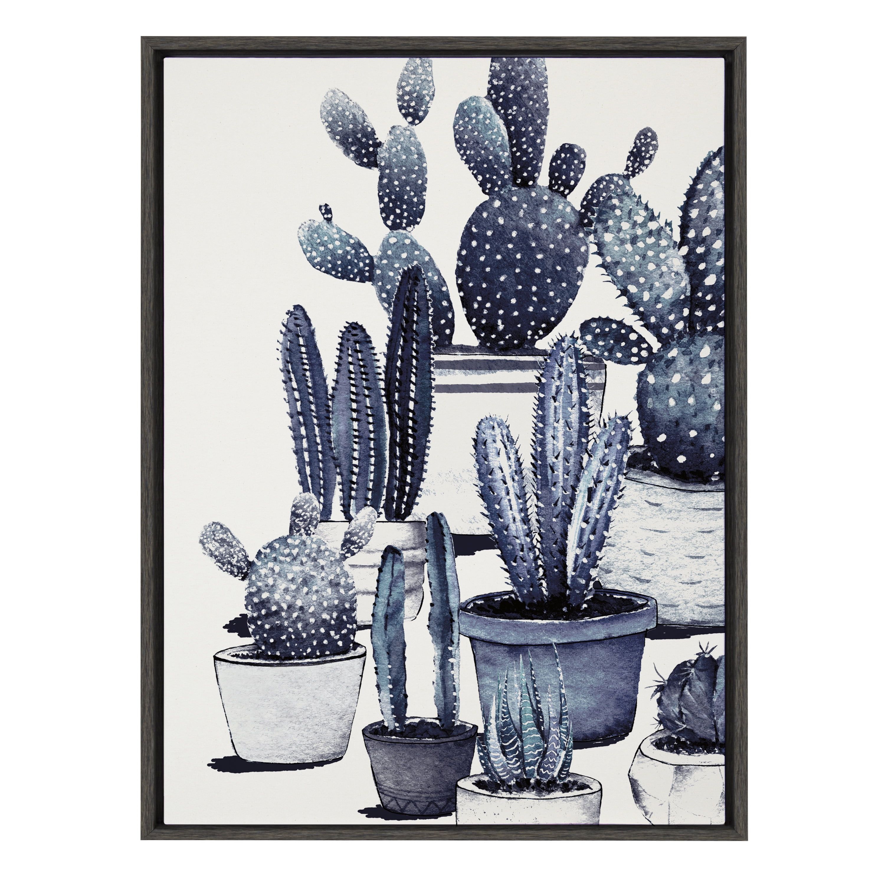 Blue Potted Cacti Framed Canvas Wall Art, 23" x 33"