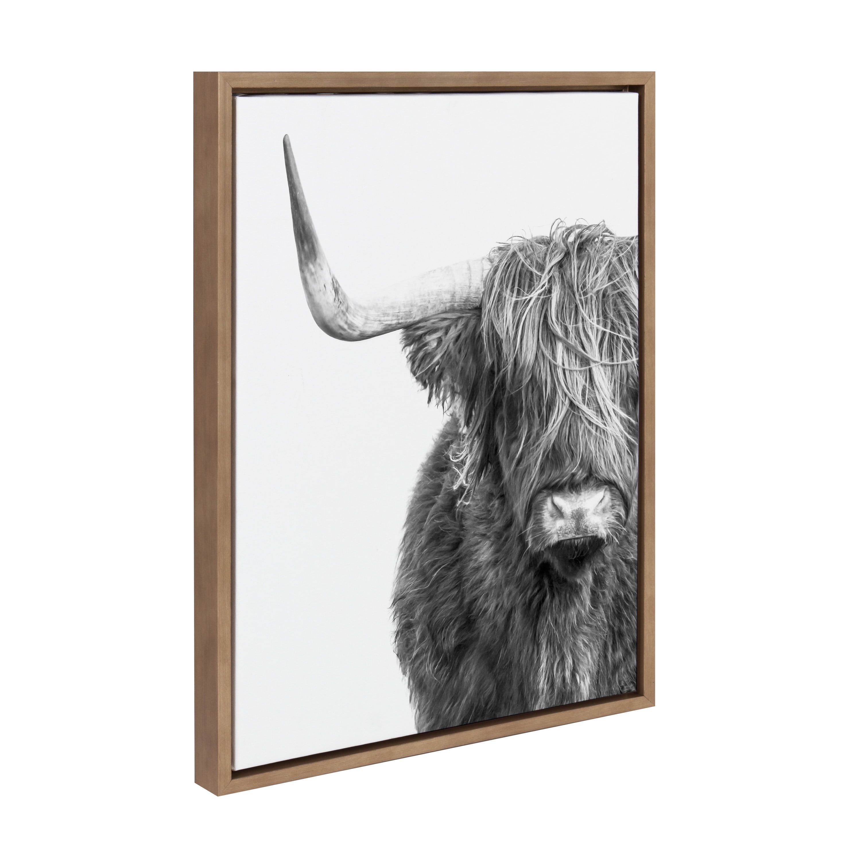Gold Framed Black and White Highland Cow Canvas Art, 18x24