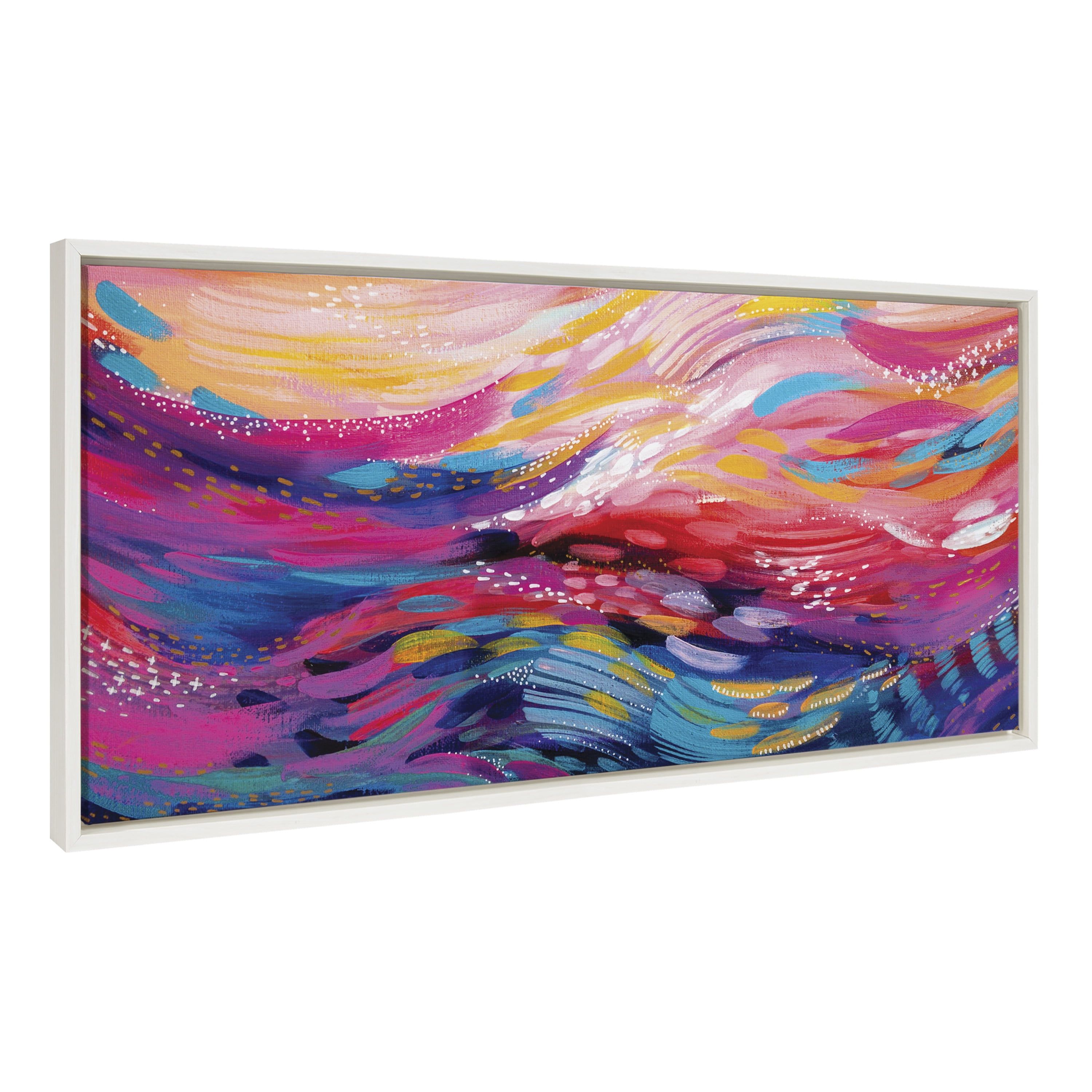 Vibrant Rainbow Abstract Canvas Wall Art with White Frame, 18 x 40