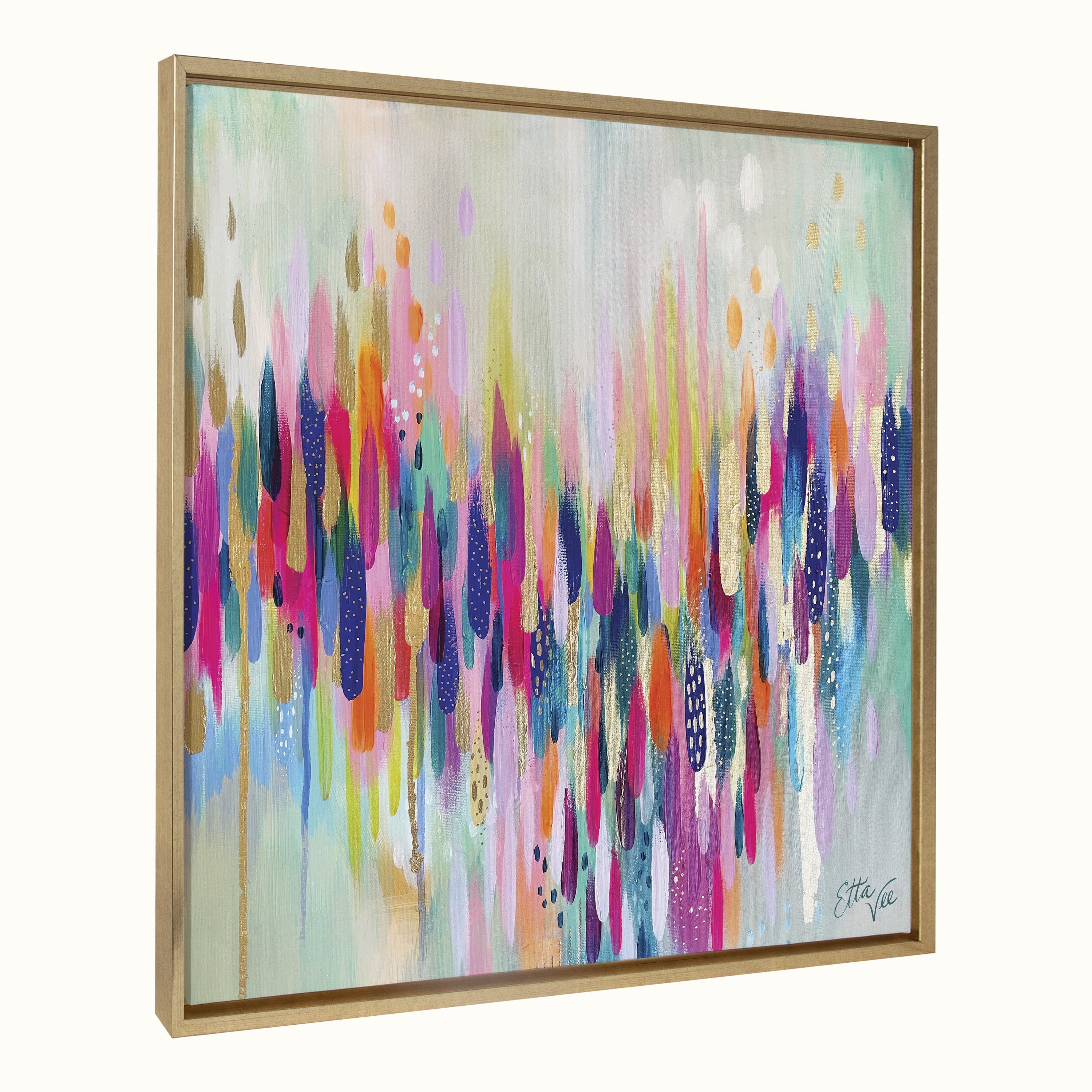 Colorful Abstract Brushstroke Canvas Wall Art with Gold Frame, 30x30