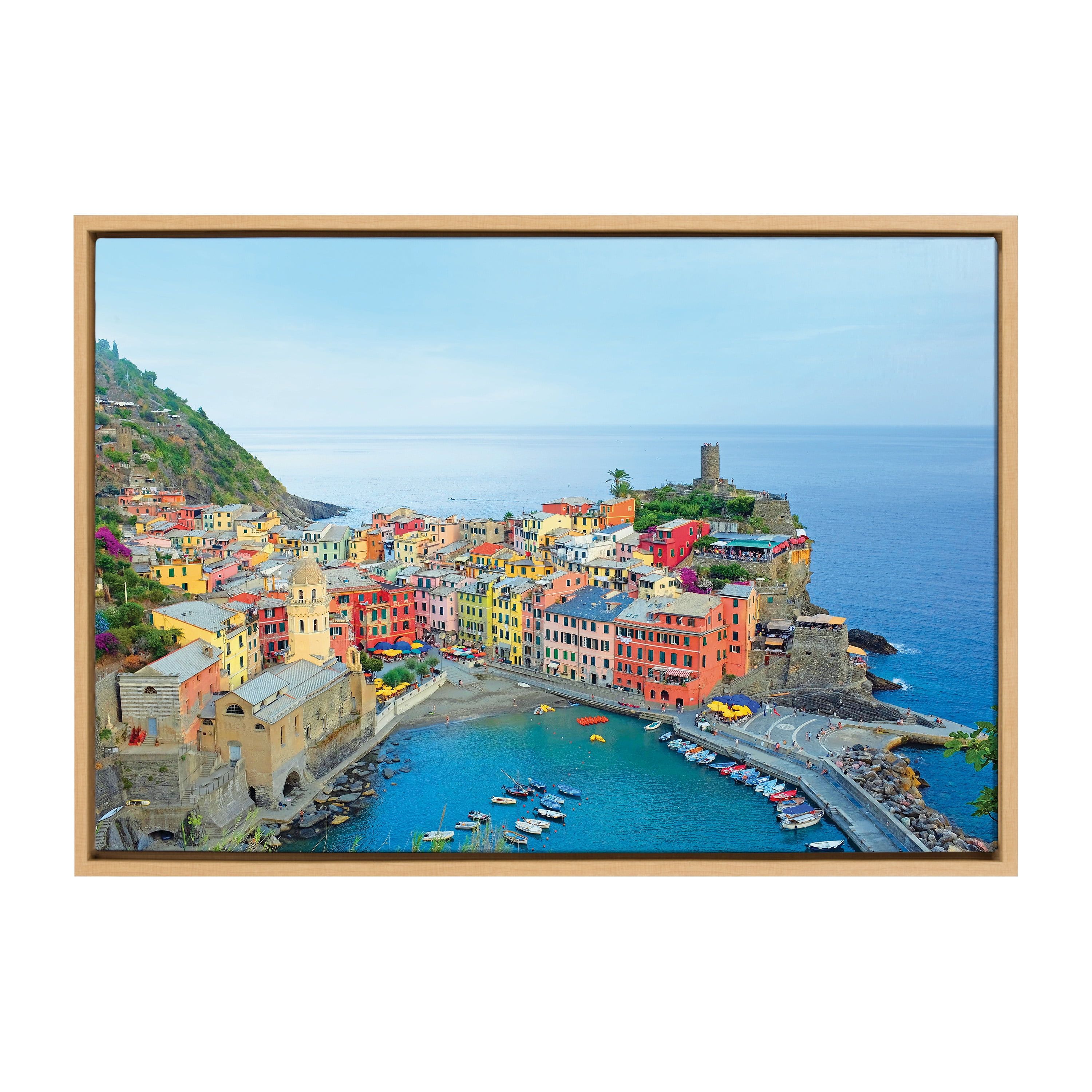 Natural Framed Cinque Terre Coastal Cityscape Canvas Art, 23x33