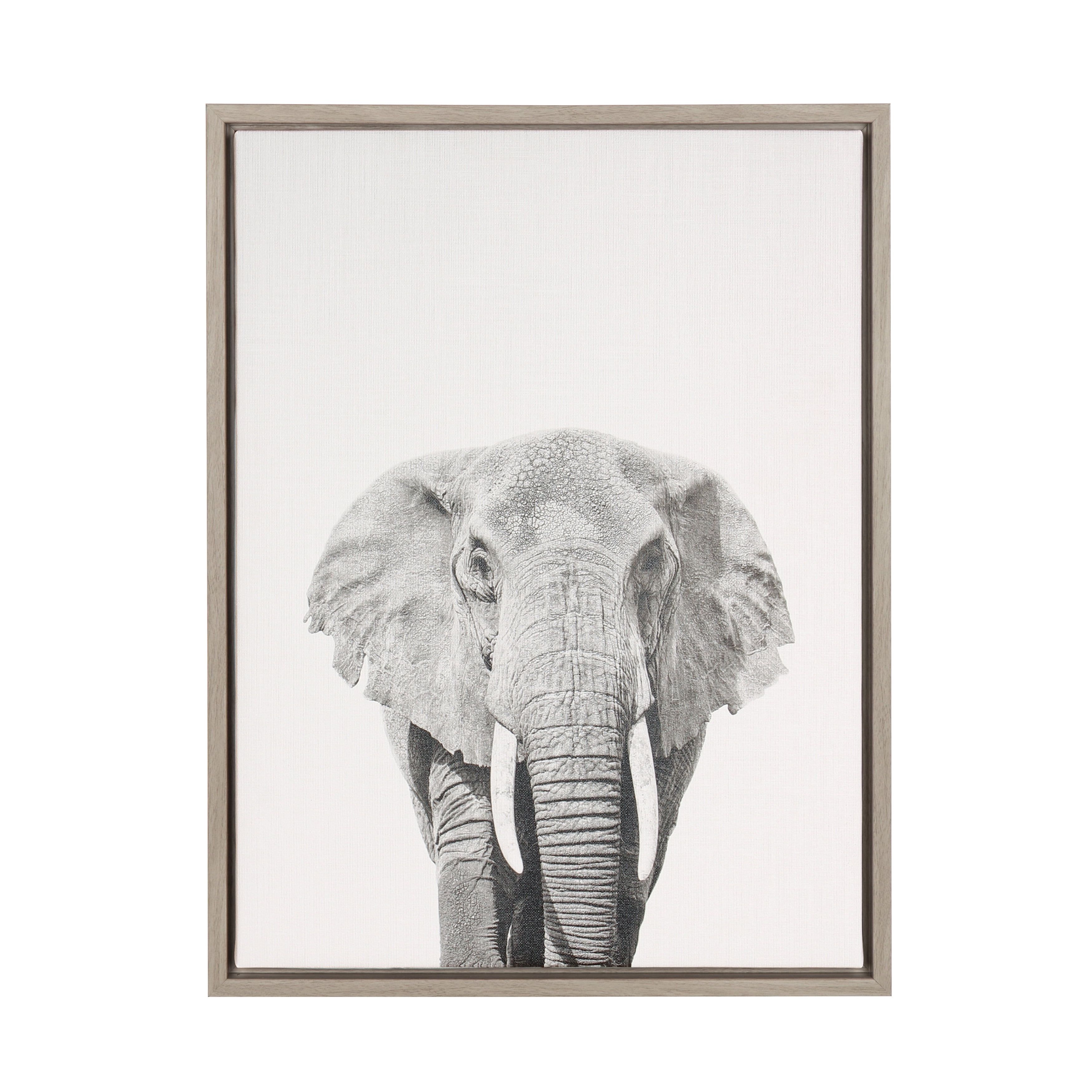 Gray Framed Black and White Elephant Canvas Wall Art