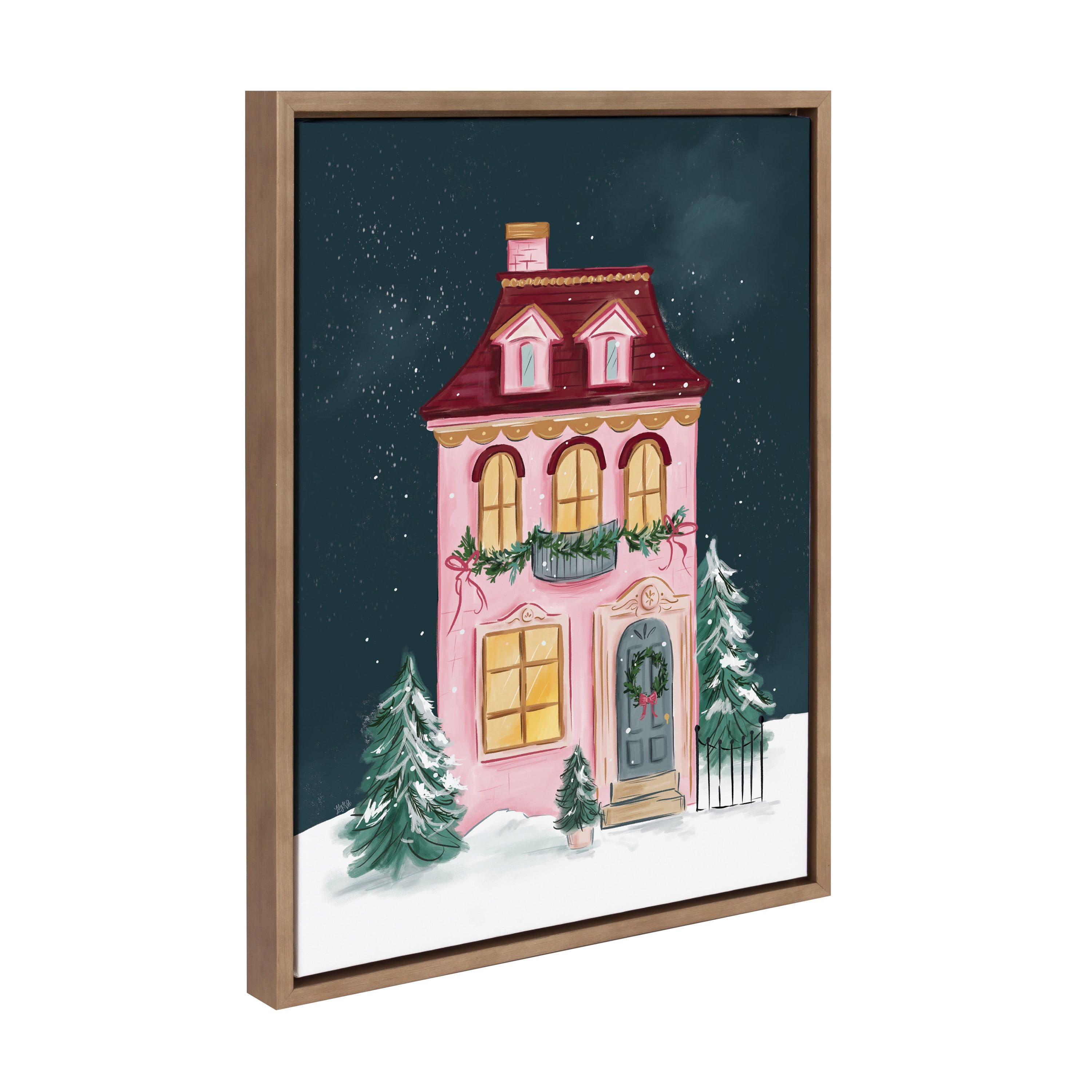 Holiday Victorian Pink House Christmas Canvas Art with Gold Frame