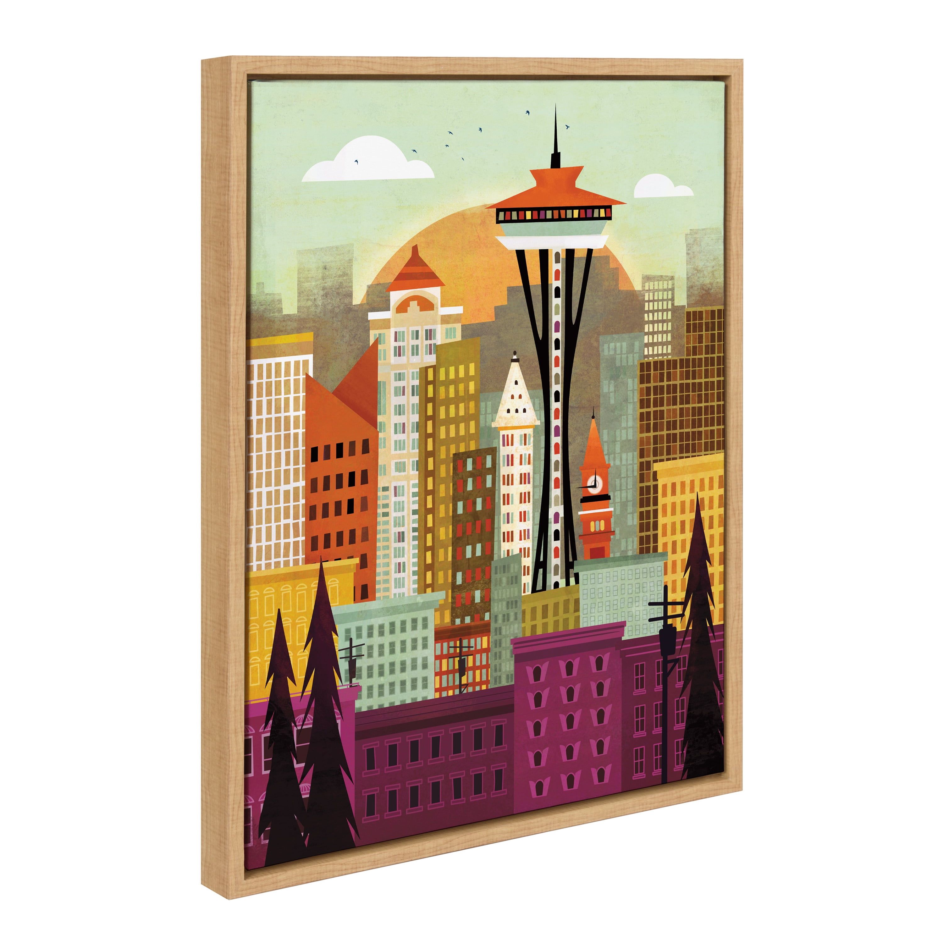 Natural Framed Seattle Skyline Canvas Wall Art, 18x24