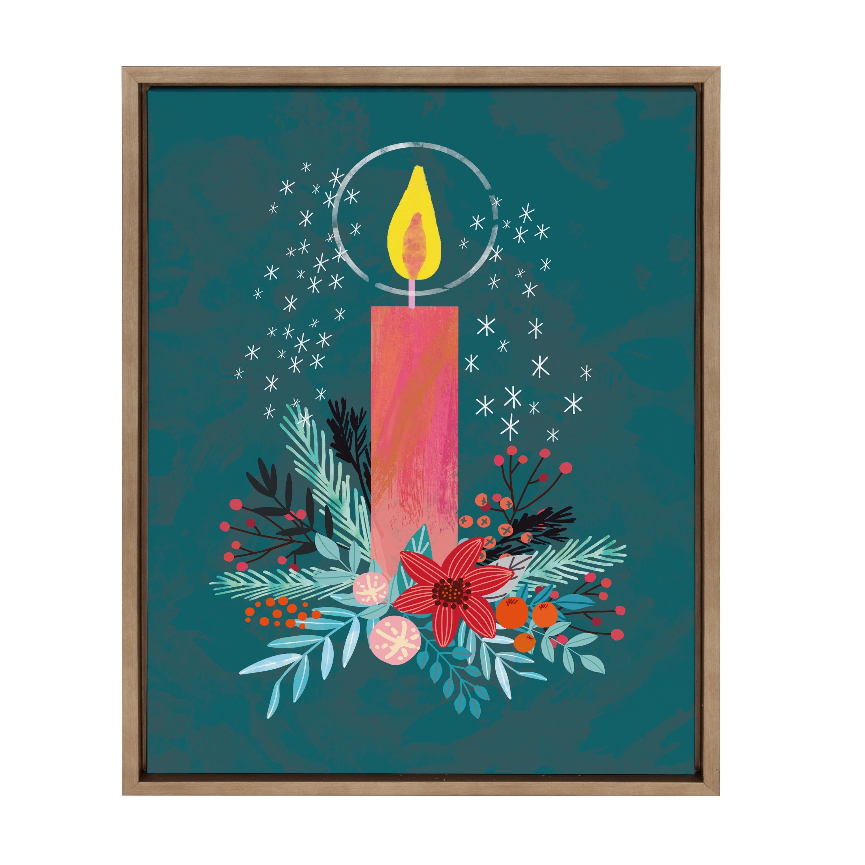 Holiday Candle Framed Canvas Art with Botanical Motif, 18x24, Gold Frame