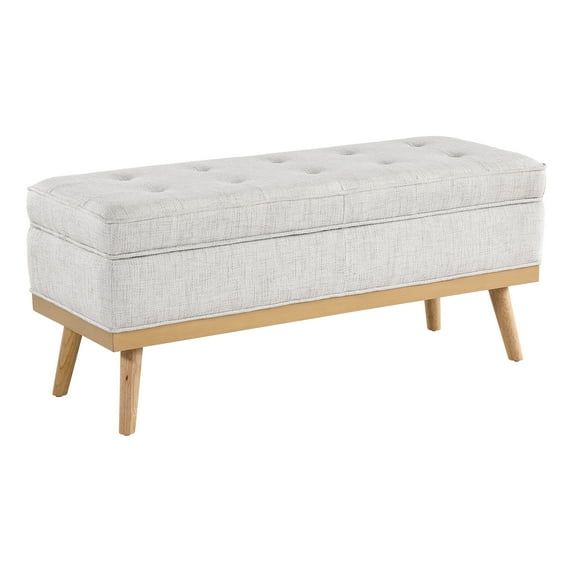 Katheryn Linen White Fabric Storage Bench with Wood Legs