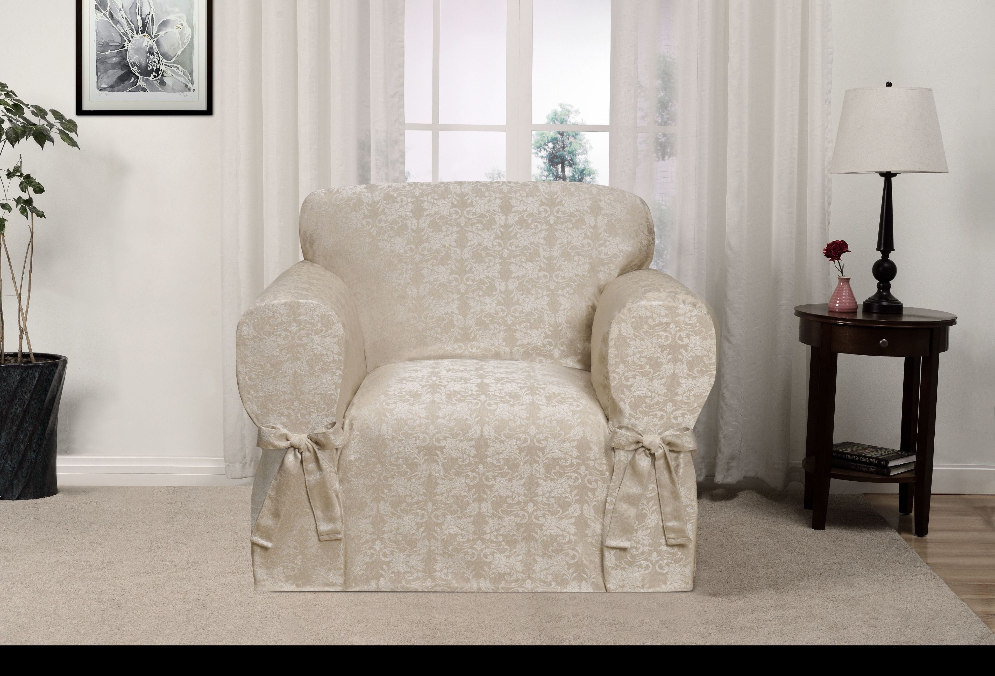 Classic Gold Damask T-Cushion Slipcover Chair 35"x32"x40"