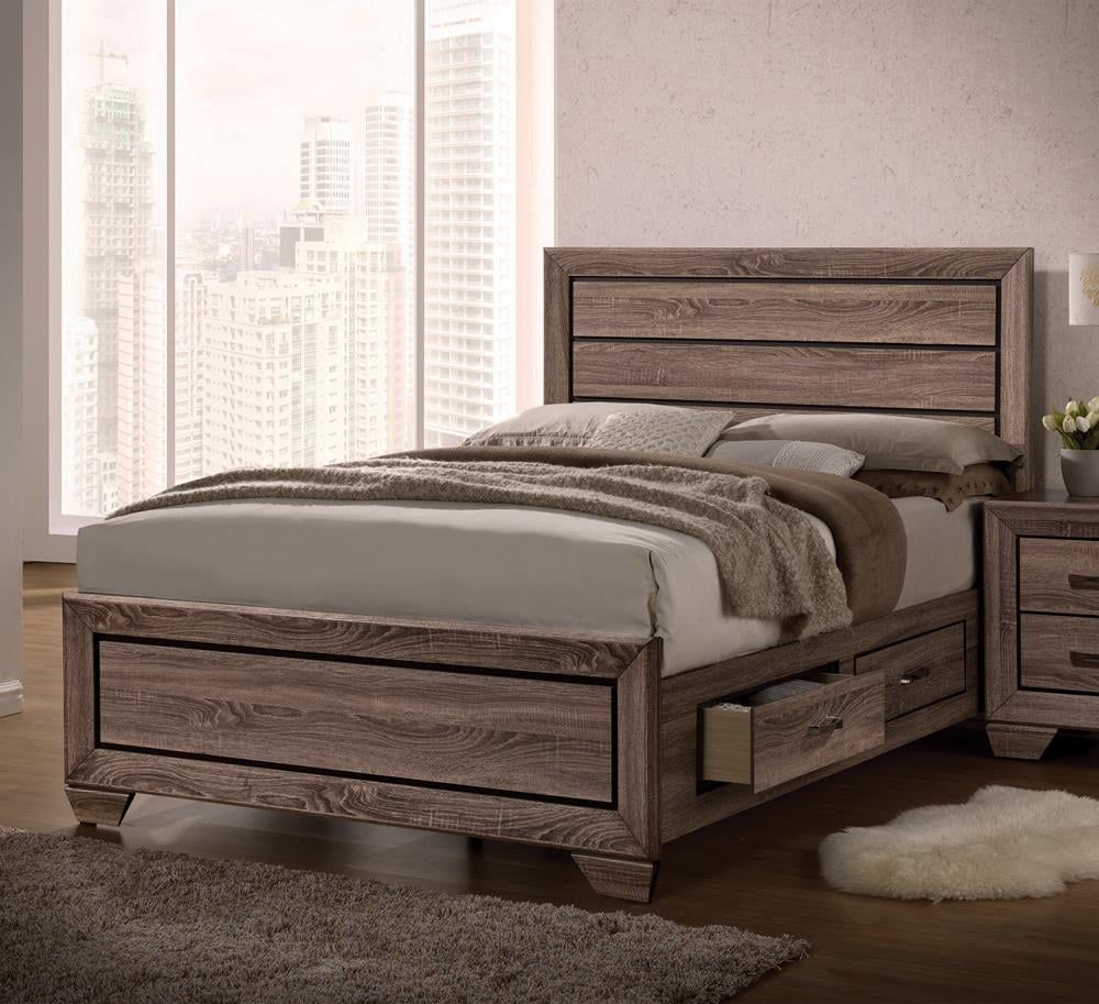 Brown Queen Wood Storage Bed with Upholstered Headboard