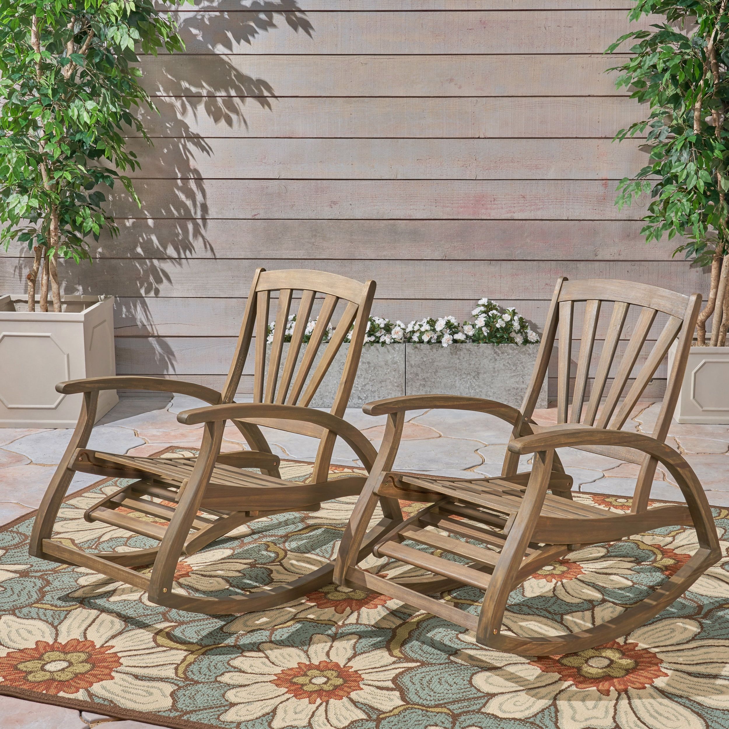 Gray Acacia Wood Reclining Rocking Chair with Cushions