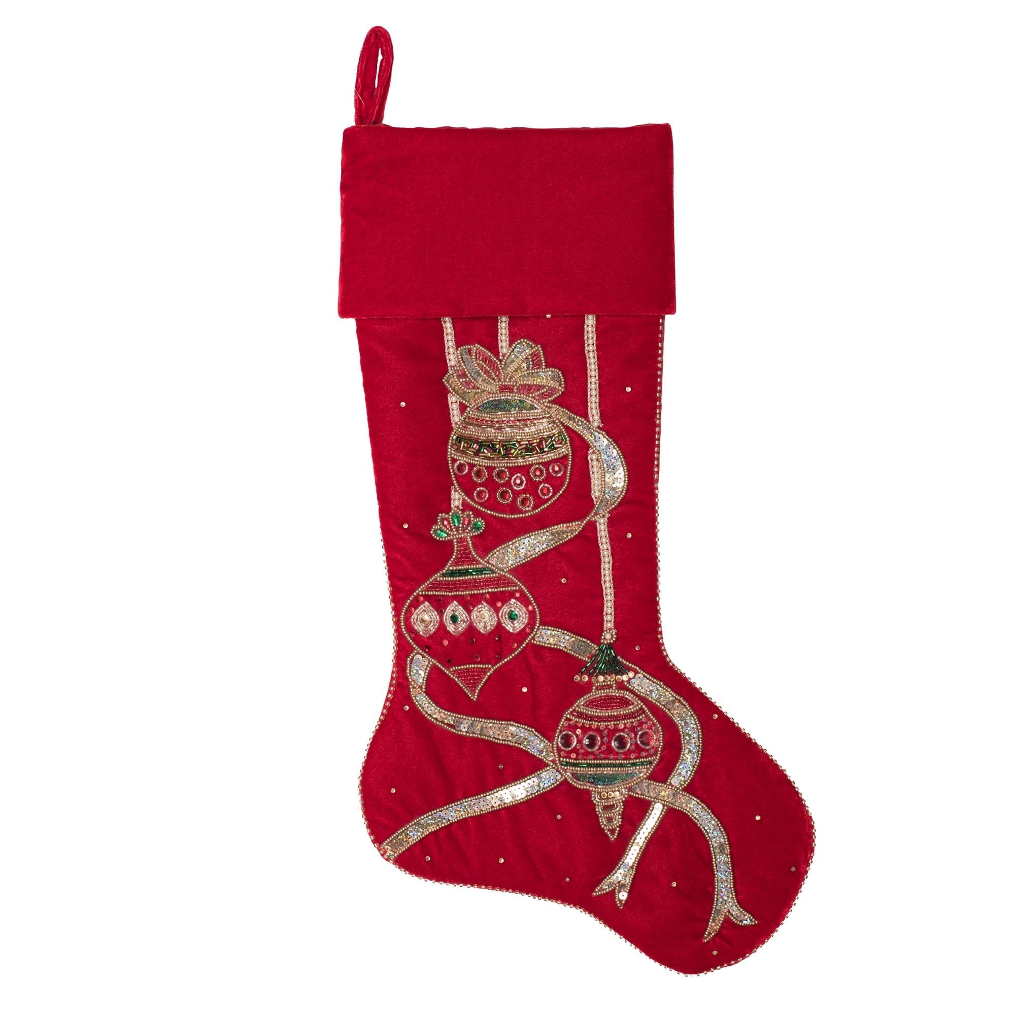 Red Velvet Christmas Stocking with Beaded Ornament Design