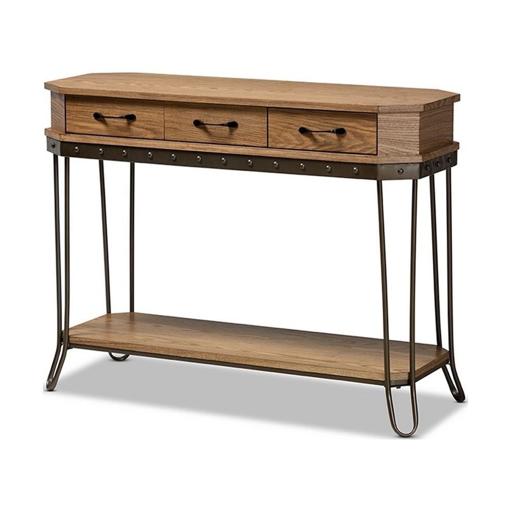 Kellyn Rustic Oak Brown Wood and Metal Console Table with Storage