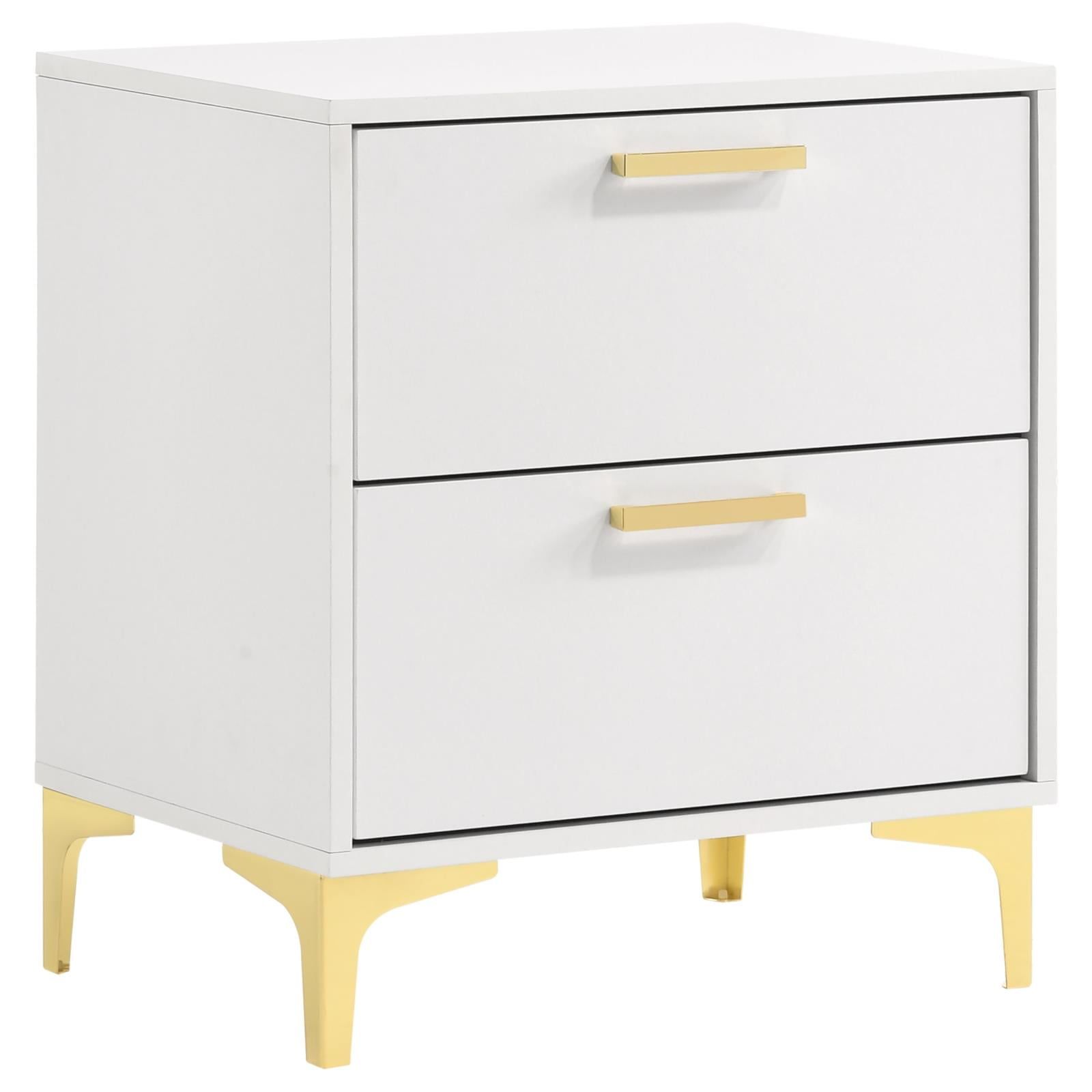 White and Gold 2-Drawer Glam Nightstand with Metal Base