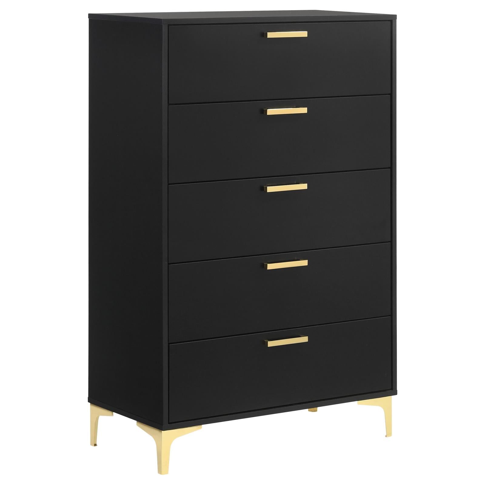 Elegant Glam 5-Drawer Vertical Chest in Black and Gold