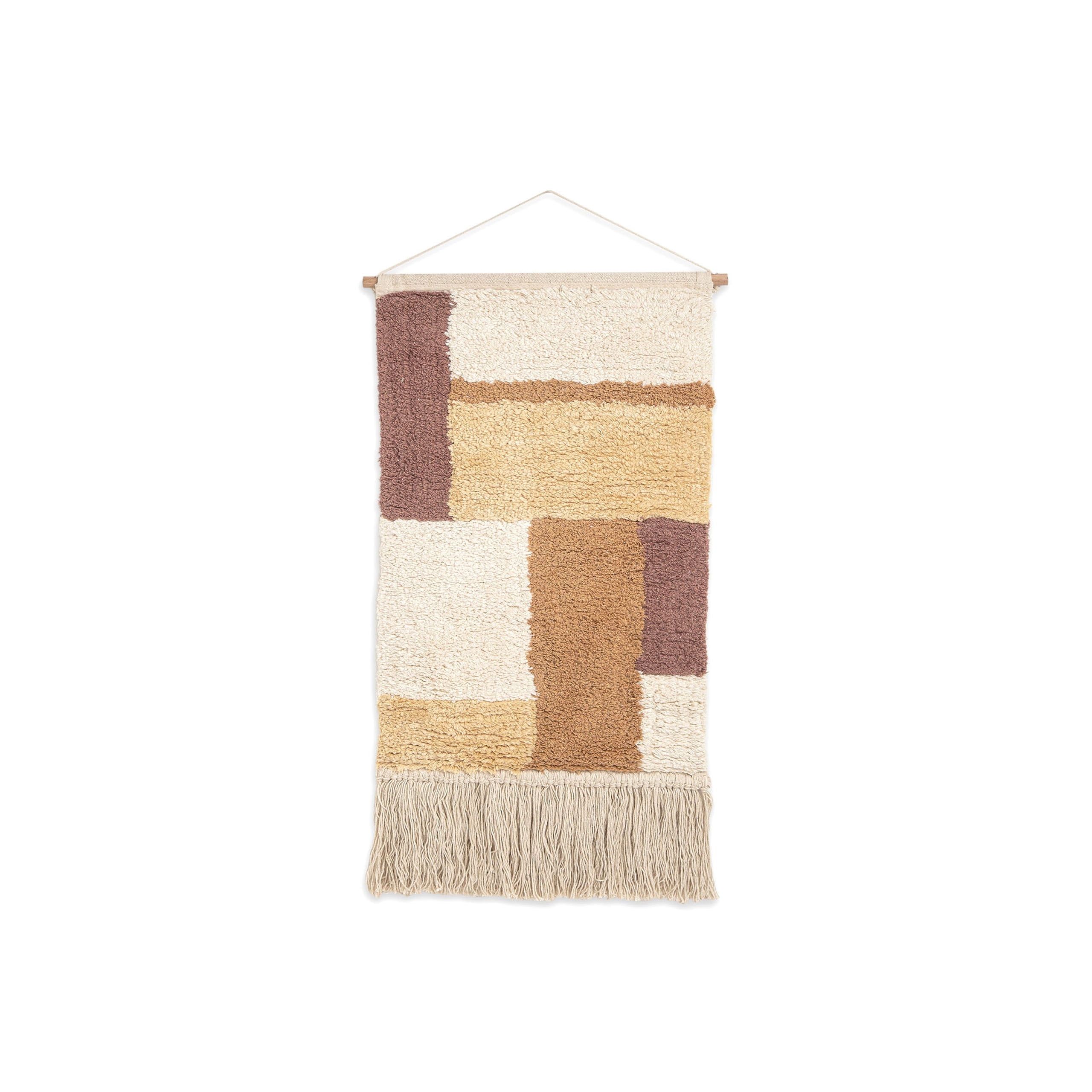 Handmade Beige and Brown Cotton Wall Hanging with Wooden Dowel