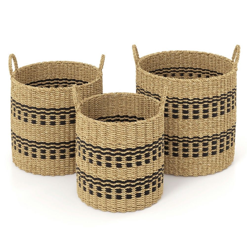 Natural Seagrass and Jute Round Storage Basket Set with Handles