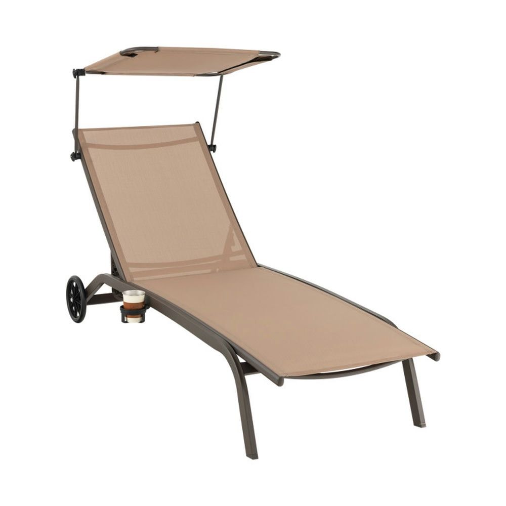 Brown Metal Outdoor Chaise Lounge Chair with Adjustable Canopy