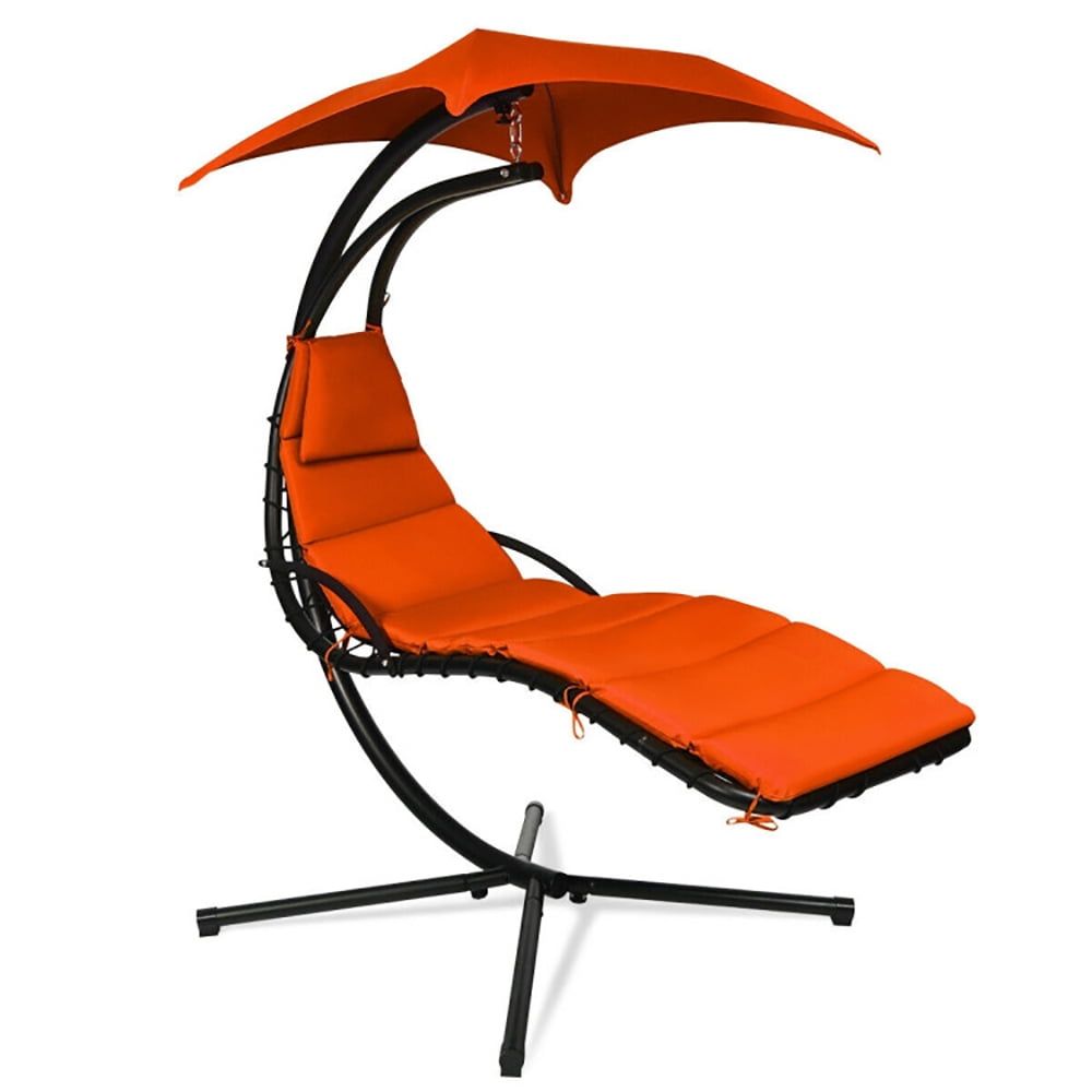 Orange Hanging Chaise Lounge Chair with Cushions and Canopy