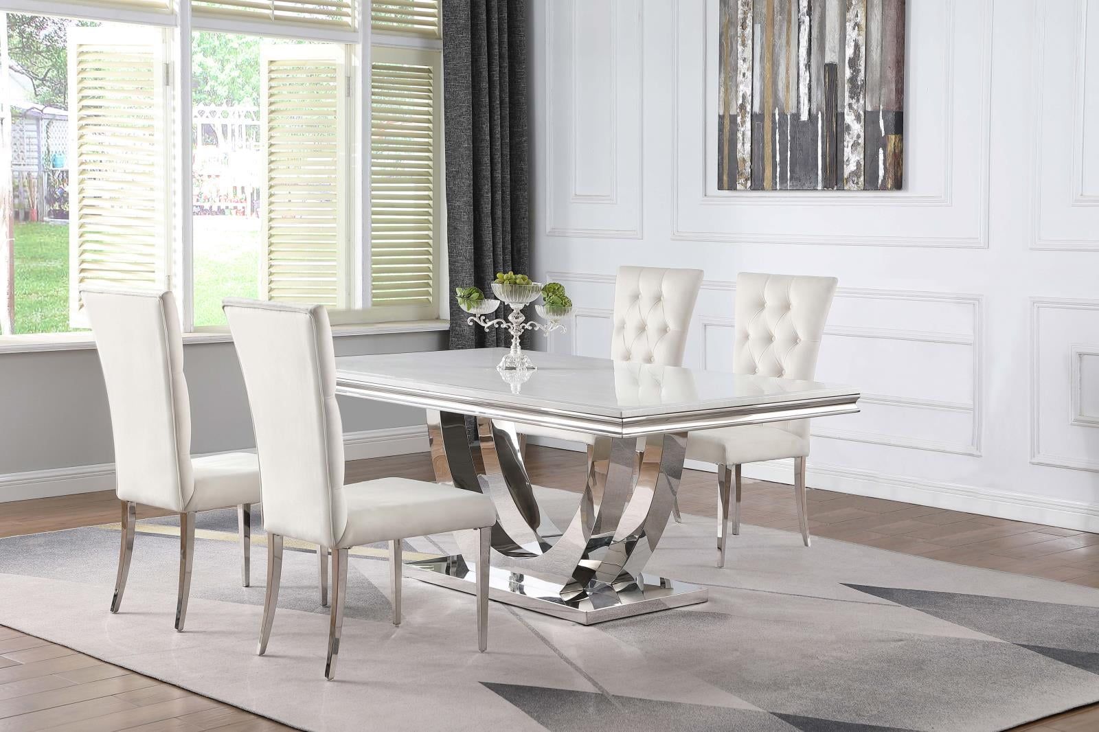 Kerwin 5-Piece White and Chrome Dining Set with Faux Marble Top