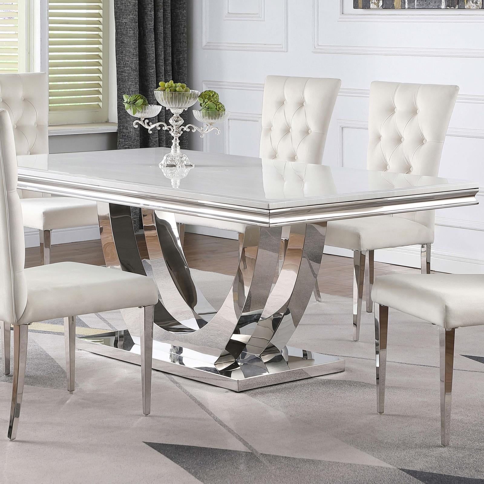 Kerwin White and Chrome Rectangular Faux Marble Dining Table