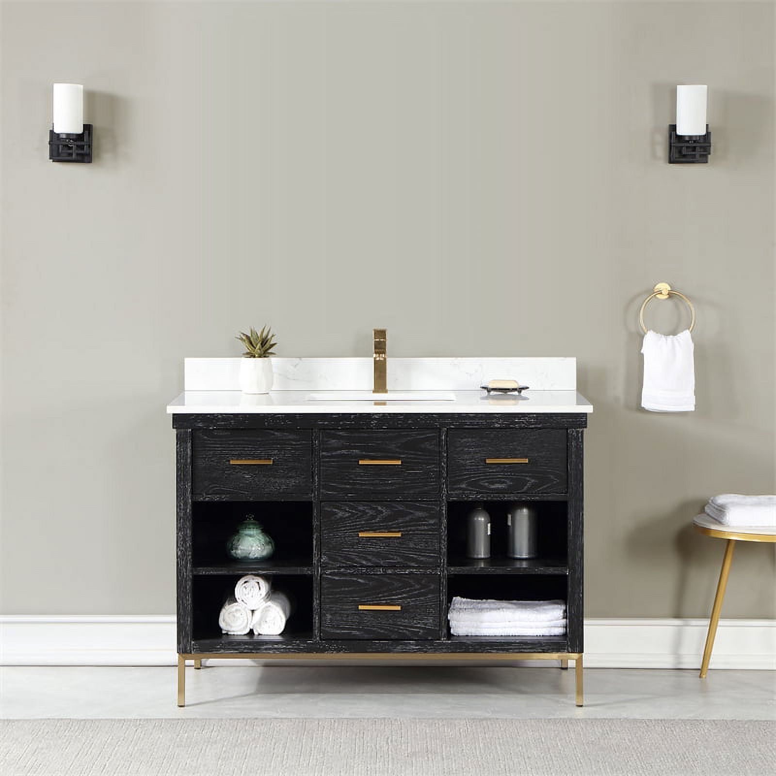 Kesia 48" Black Oak Bathroom Vanity with White Stone Countertop