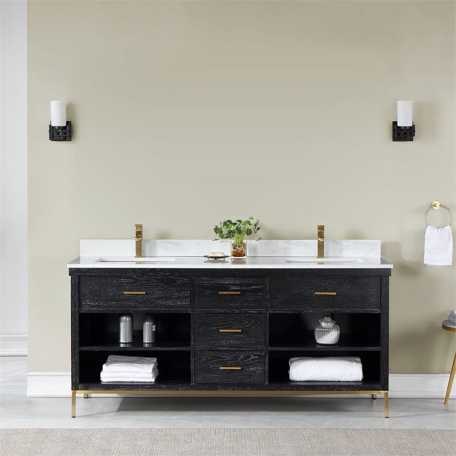 Kesia 72" Black Oak Double Vanity with White Stone Countertop