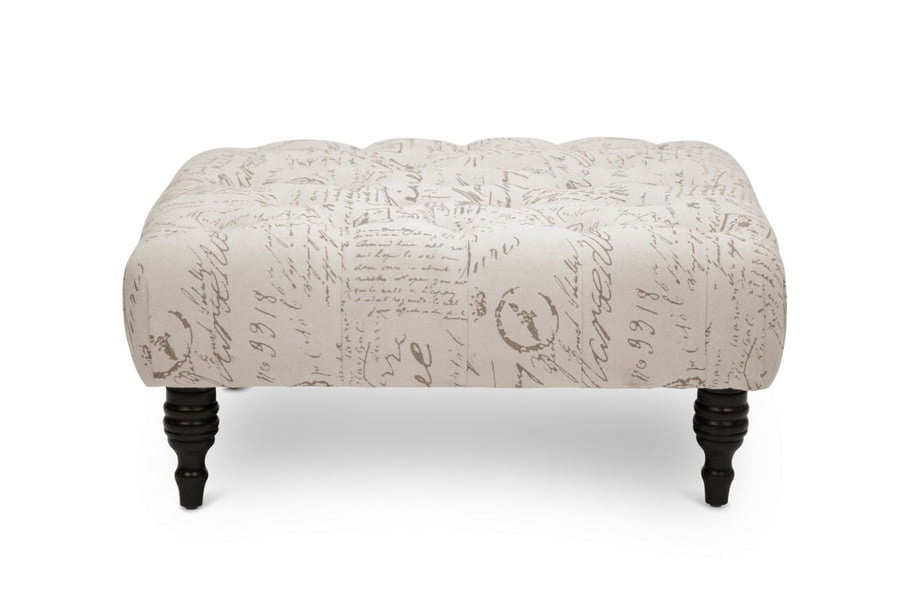 Keswick 35" Tufted Beige Script Print Ottoman with Wood Legs