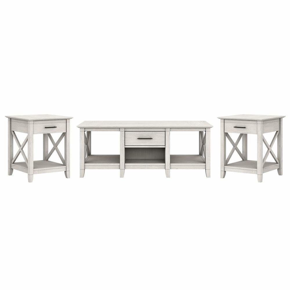 Linen White Oak Coffee Table and End Tables Set with Storage