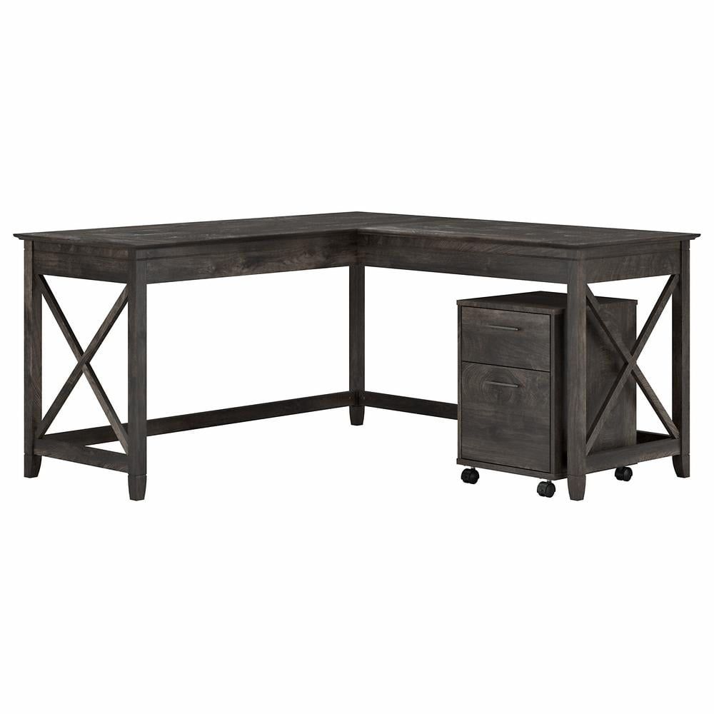 Farmhouse Dark Gray Hickory L-Shaped Desk with Mobile File Cabinet
