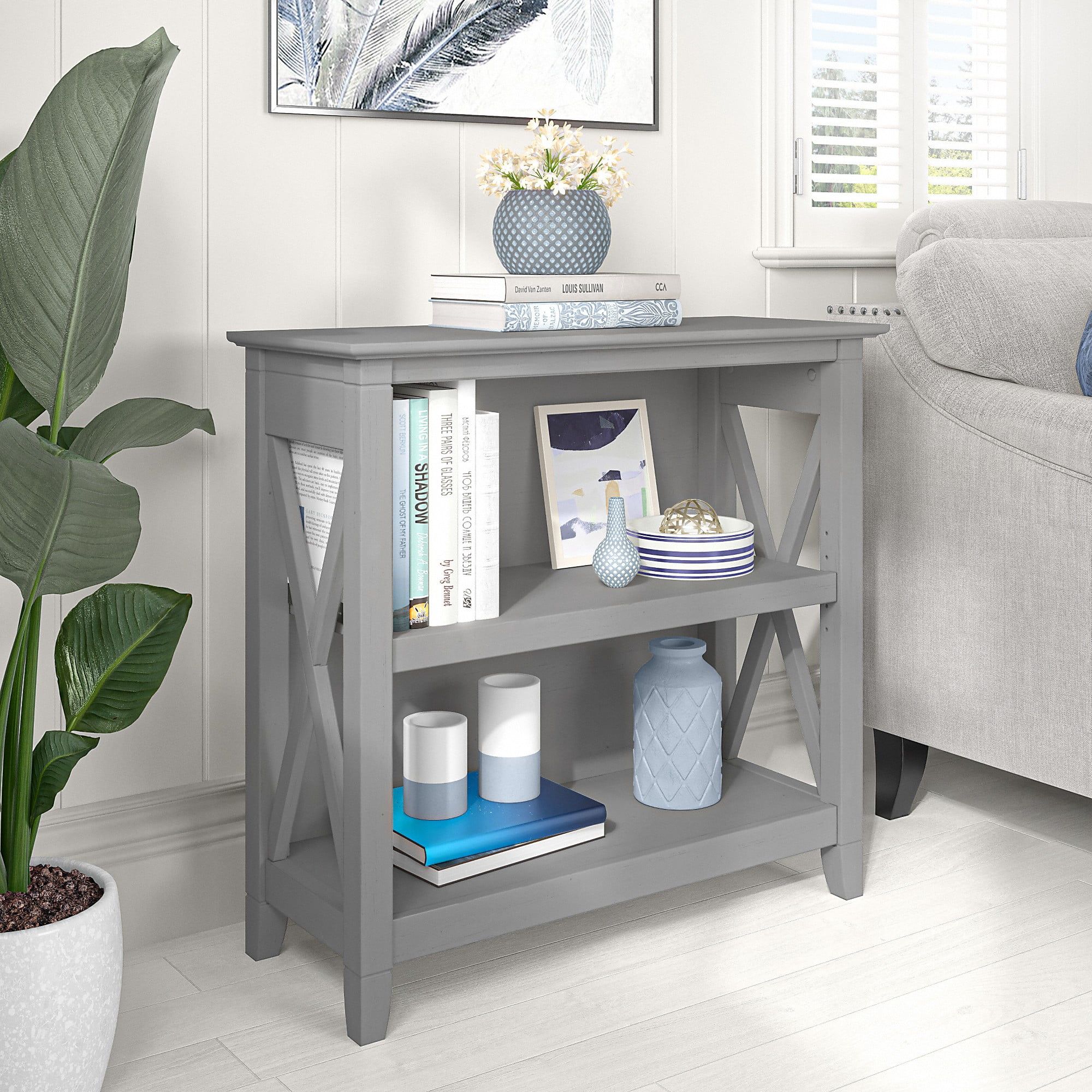 Cape Cod Gray Adjustable 2 Shelf Bookcase with X Pattern Accents