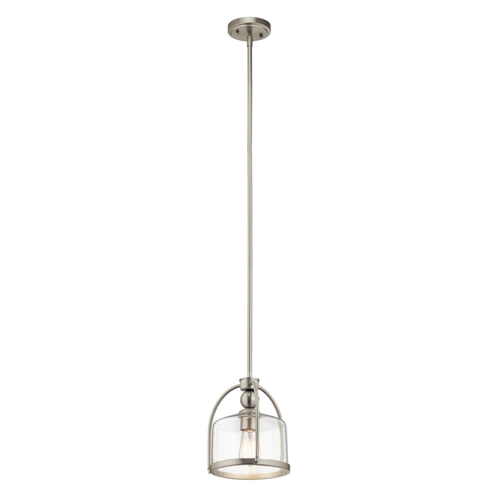 Transitional Brushed Nickel Mini Pendant with Clear Glass Shade