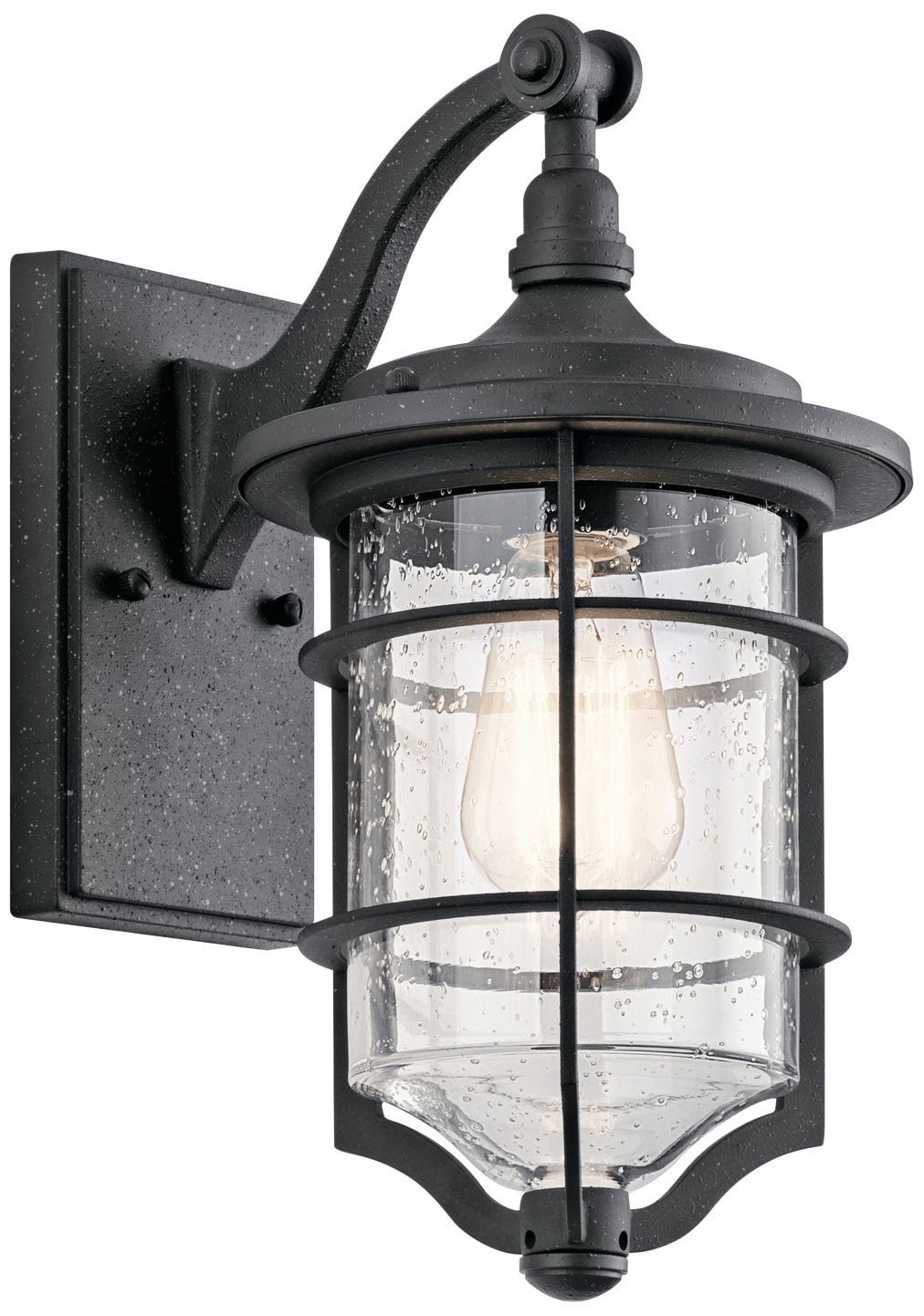 Transitional Black Aluminum Outdoor Wall Lantern with Seeded Glass