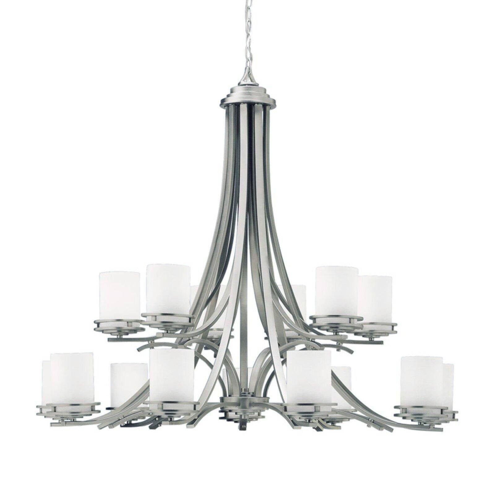 Hendrik Brushed Nickel 15-Light Two-Tier Chandelier with Satin Etched Glass