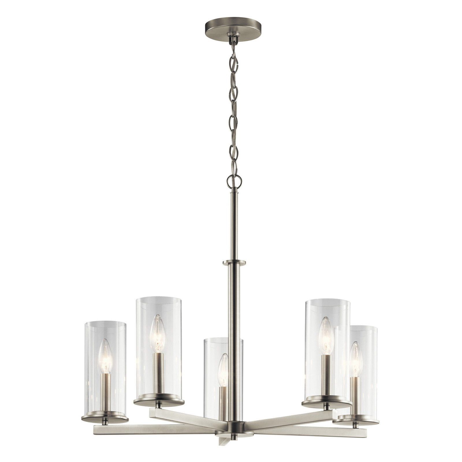 Transitional Crosby 5-Light Chandelier in Brushed Nickel with Clear Glass Shades